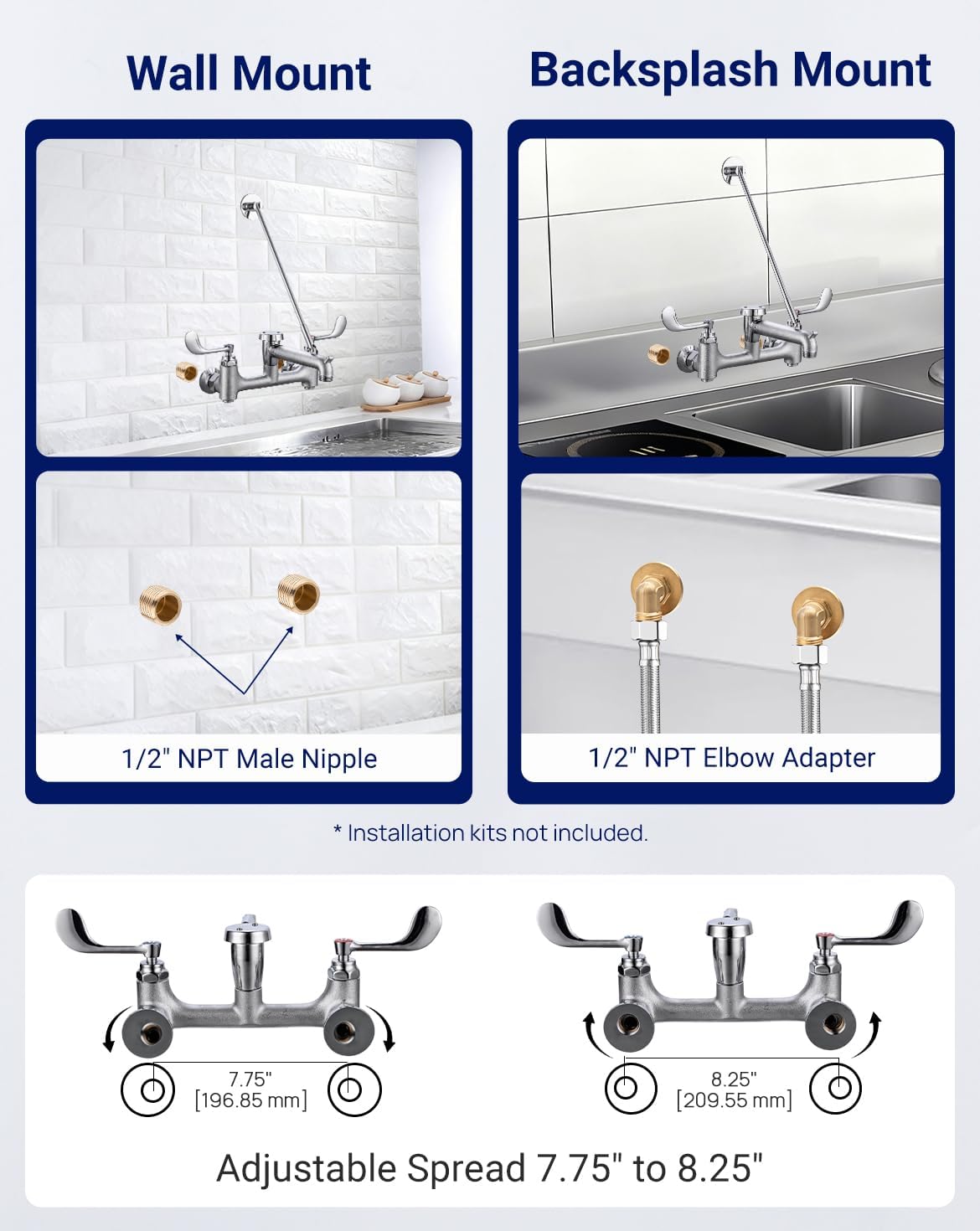 Commercial Mop Sink Faucet Slop Sink with Wrist Blade Handle, Industrial Wall Mount Utility Faucet with 3/4" Hose Thread with Hook, 8" Center Adjustable, Brass Casted