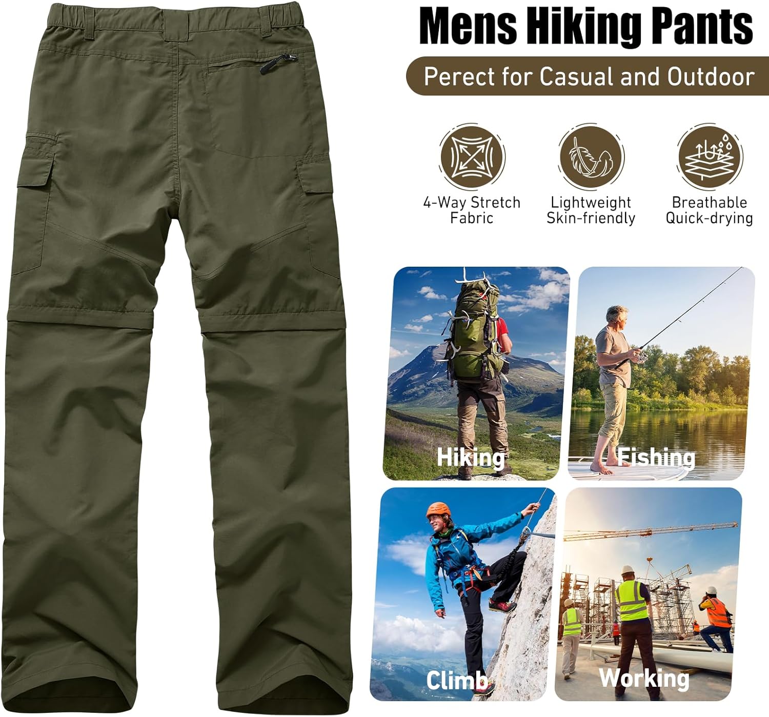 Mens Hiking Convertible Pants Quick Dry Waterproof Zip Off Lightweight Cargo Safari Fishing Work Pants Trousers with Belt - Image 7