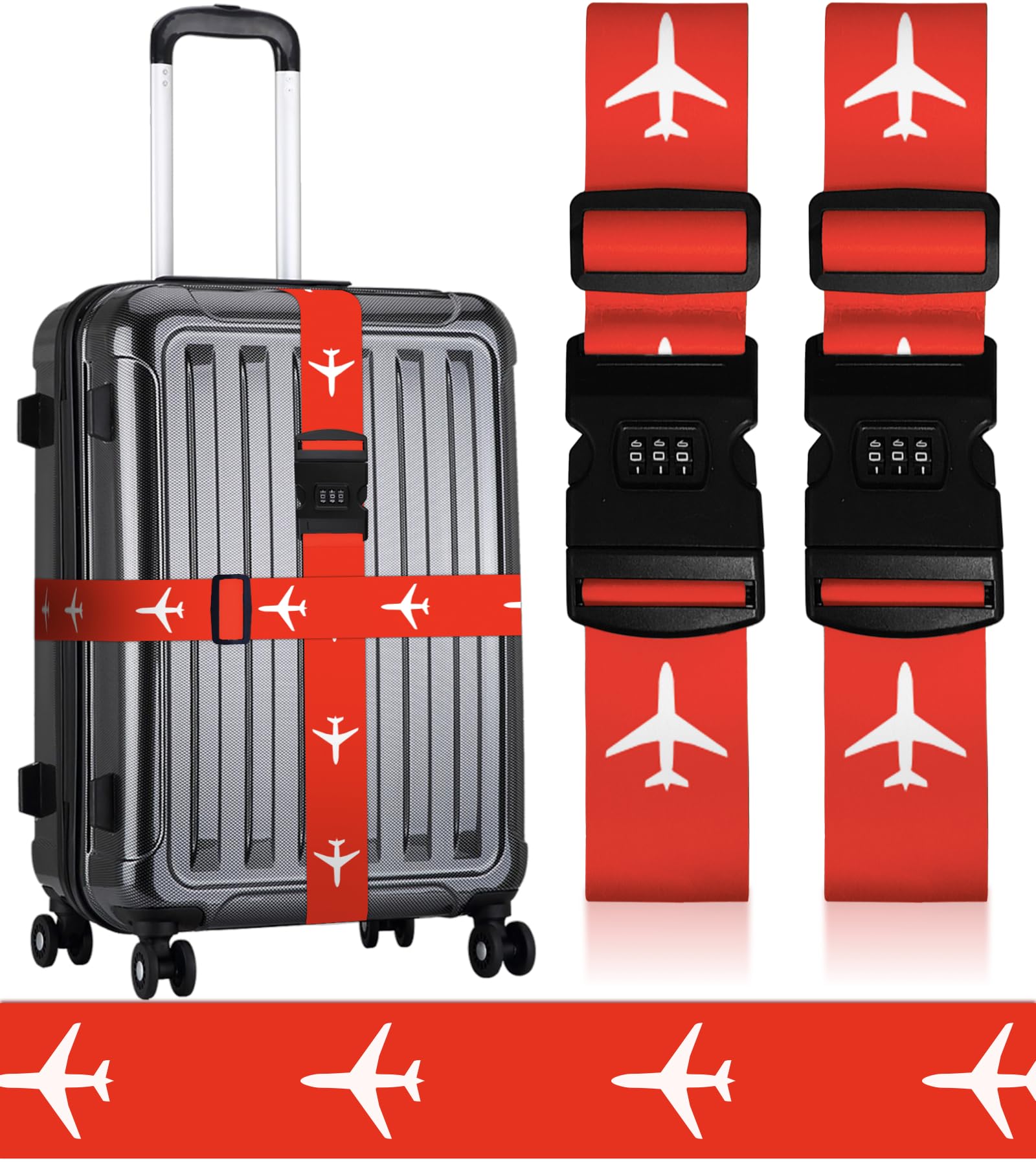 Stanoha Luggage Straps for Suitcases Travel Belt Luggage Band with Lock Heavy Duty Traveling Luggage Identifier Red Plane Cute Women Girls Unique