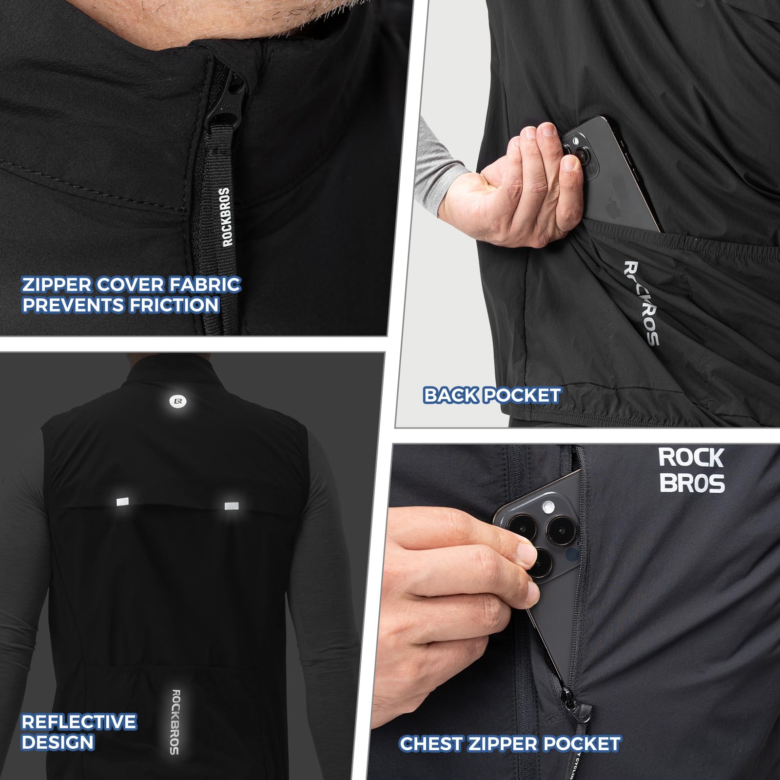 ROCKBROS Gilet Cyclisme Homme, Gilet Sans Manches Ultraléger avec Isolation Thermique 3M, Coupe-Vent Respirant Compact avec Détails Réfléchissants pour Route et VTT, Noir M-4XL
