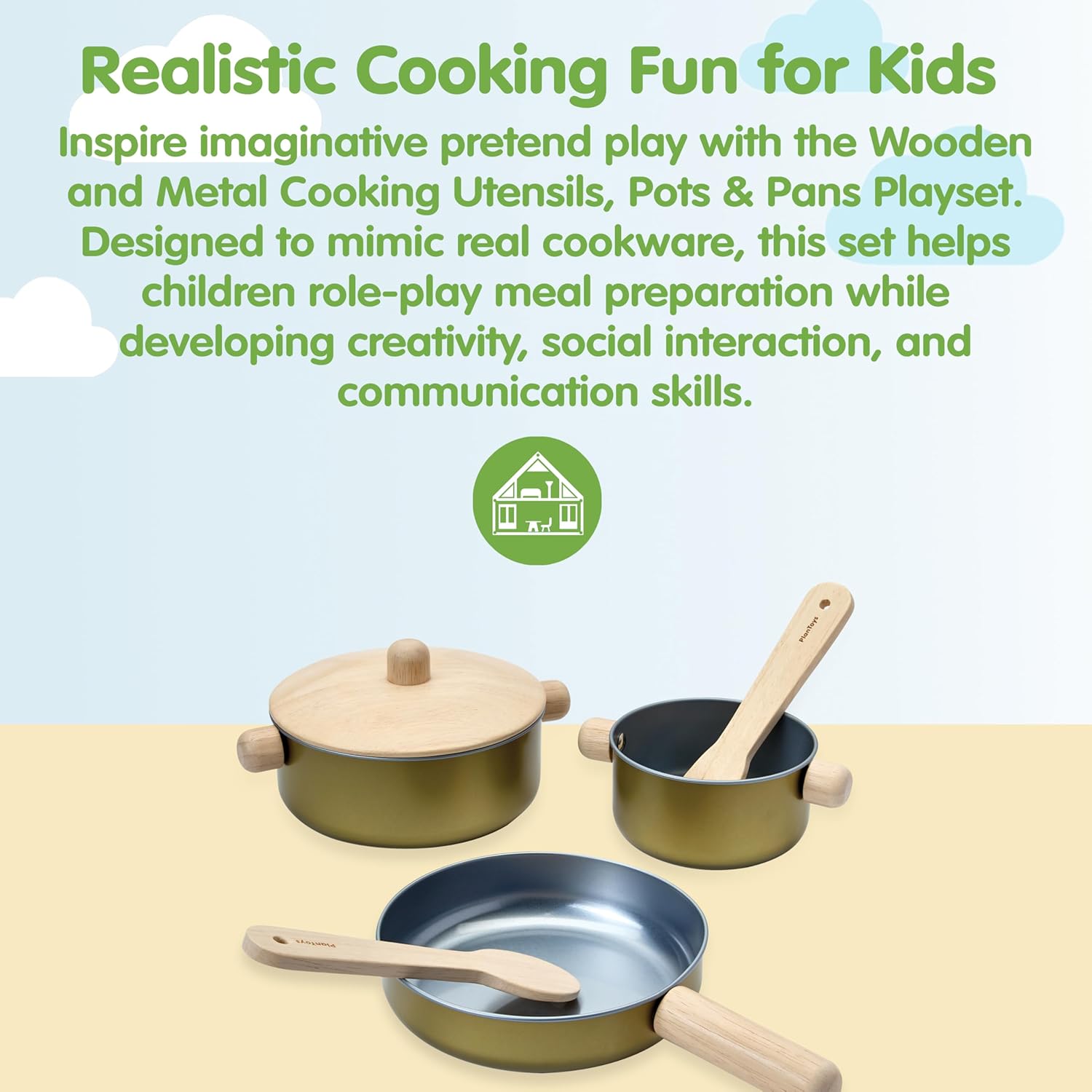 PlanToys® Pretend Play Wooden Cooking Utensils Set | Kitchen Toy for Imaginative Cooking | Encourages Creativity, Practical Life Skills & Montessori-Inspired Play