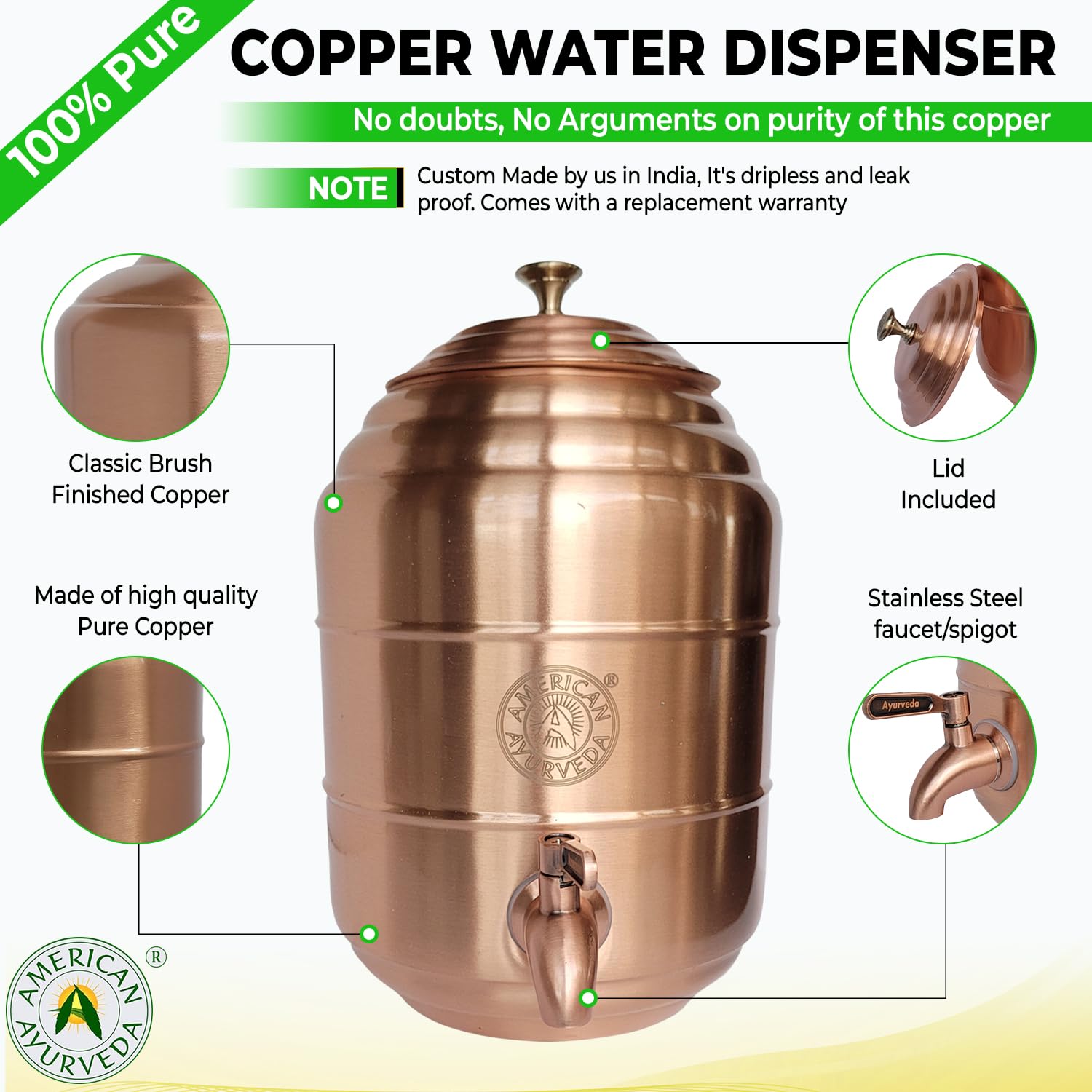 Wasserspender aus 100% reinem Kupfer, Edelstahl-Wasserhahn und Deckel im Lieferumfang enthalten, gesundes Bio-Wasser, Yoga, Meditation, 5 Liter