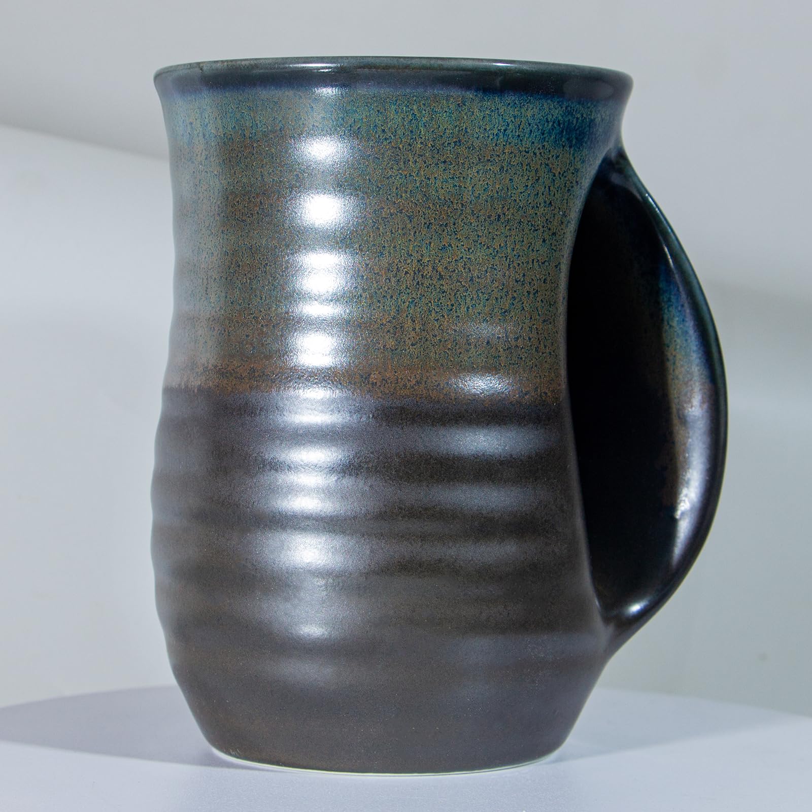 Handwärmer-Tasse, 473 ml, große Handwärmbecher, Keramik, Geschenk für Kaffee, Tee, handgefertigte Keramik, mit Taschengriff, für Rechtshänder, Braun