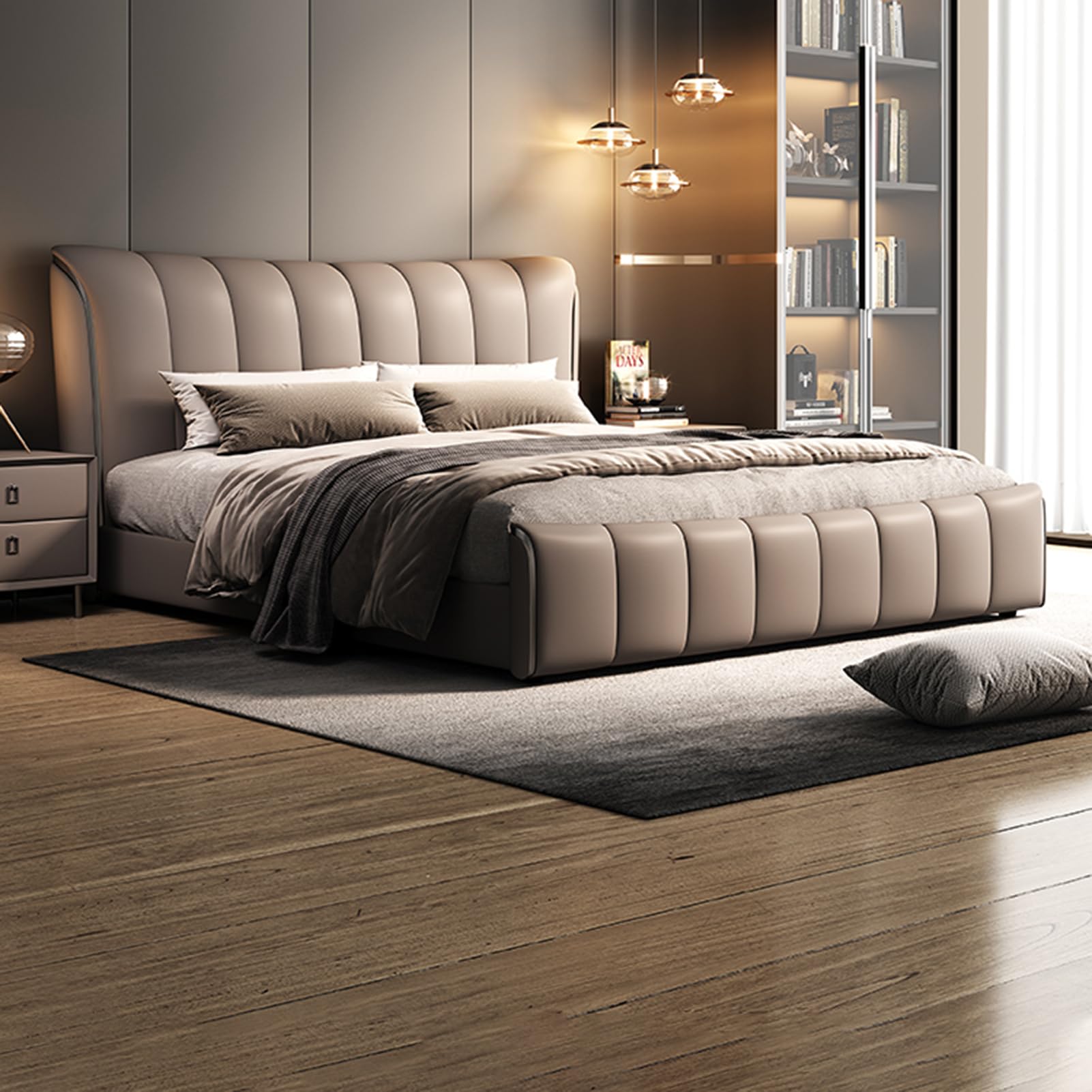 King Size Genuine Leather Wood Bed Upholstered Platform Bed Frame with Headboard and Lift Up Storage Wooden Slats