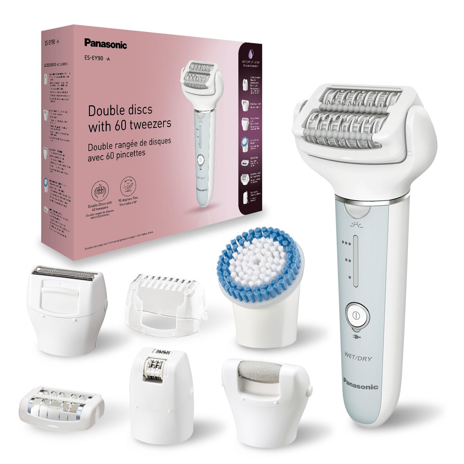 ES-EY90-A511 Wet and Dry Epilator, Double Disc with 60 Tweezers, Flexible 90° Pivoting Head, 3 Speed Seting & LED Light, Up to 30 Minutes Operation Time.