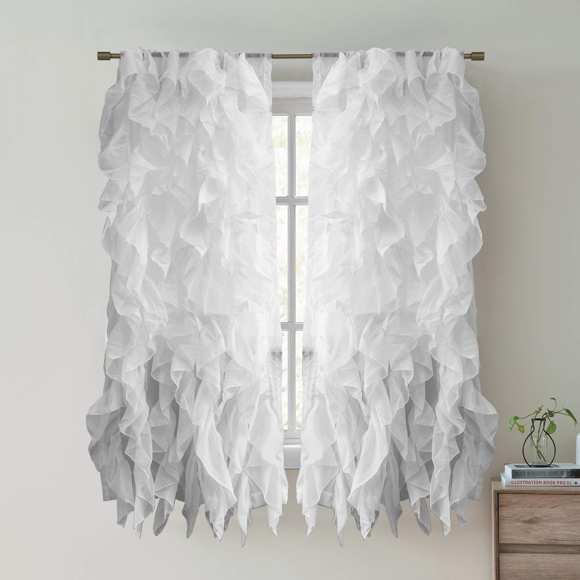 Sweet Home Collection 2 Paket Pencere Paneli Şeffaf Vual Dikey Fırfırlı Şelale Perdeleri, 160 cm x 127 cm, Gümüş