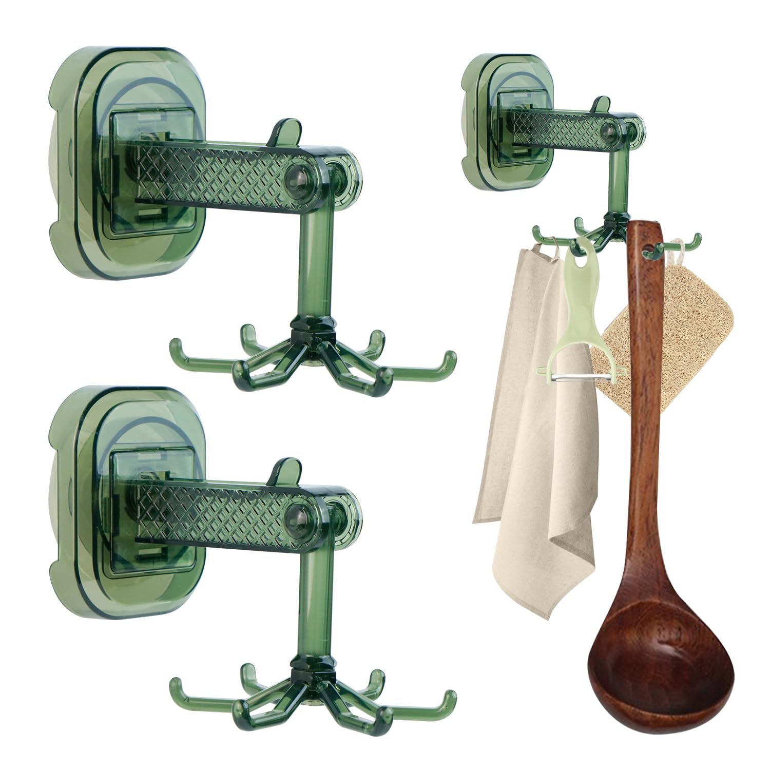 360°Colgador Giratorio Para Utensilios De Cocina Gancho Portautensilios Ganchos Adhesivos Para Pared Gancho Ventosa Fuerte Gancho Ventosa Con 6 Ganchos, Para Colgar En Cocina, Baño (2pcs Verde)