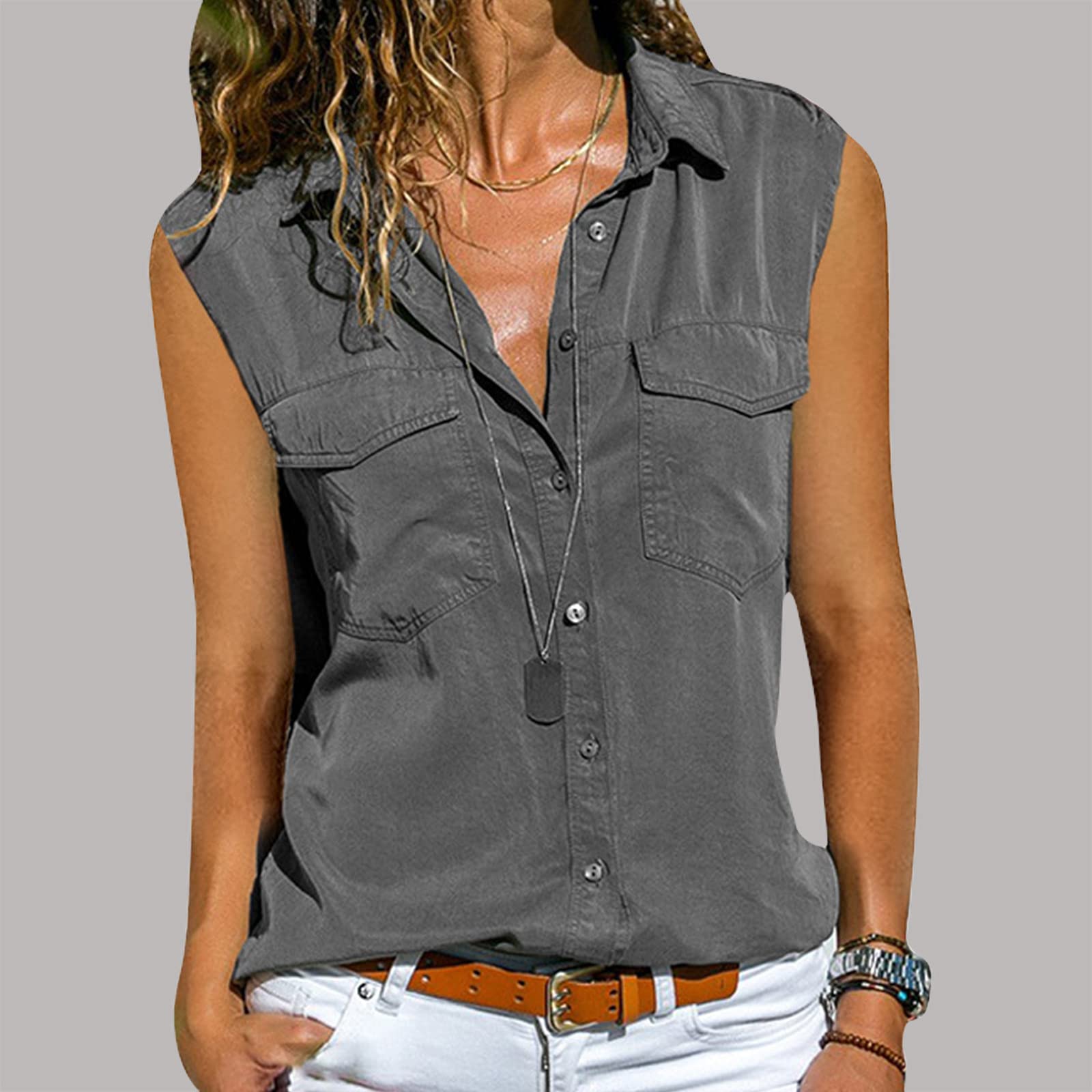 Camisa sin Manga Mujer Verano Moda Color sólido Chaleco Blusa Camisola Elegante Camisetas de Tirantes Ligero Transpirable Tank Tops Cuello en V Botones Fiesta Oficina Camisa Suelto tee
