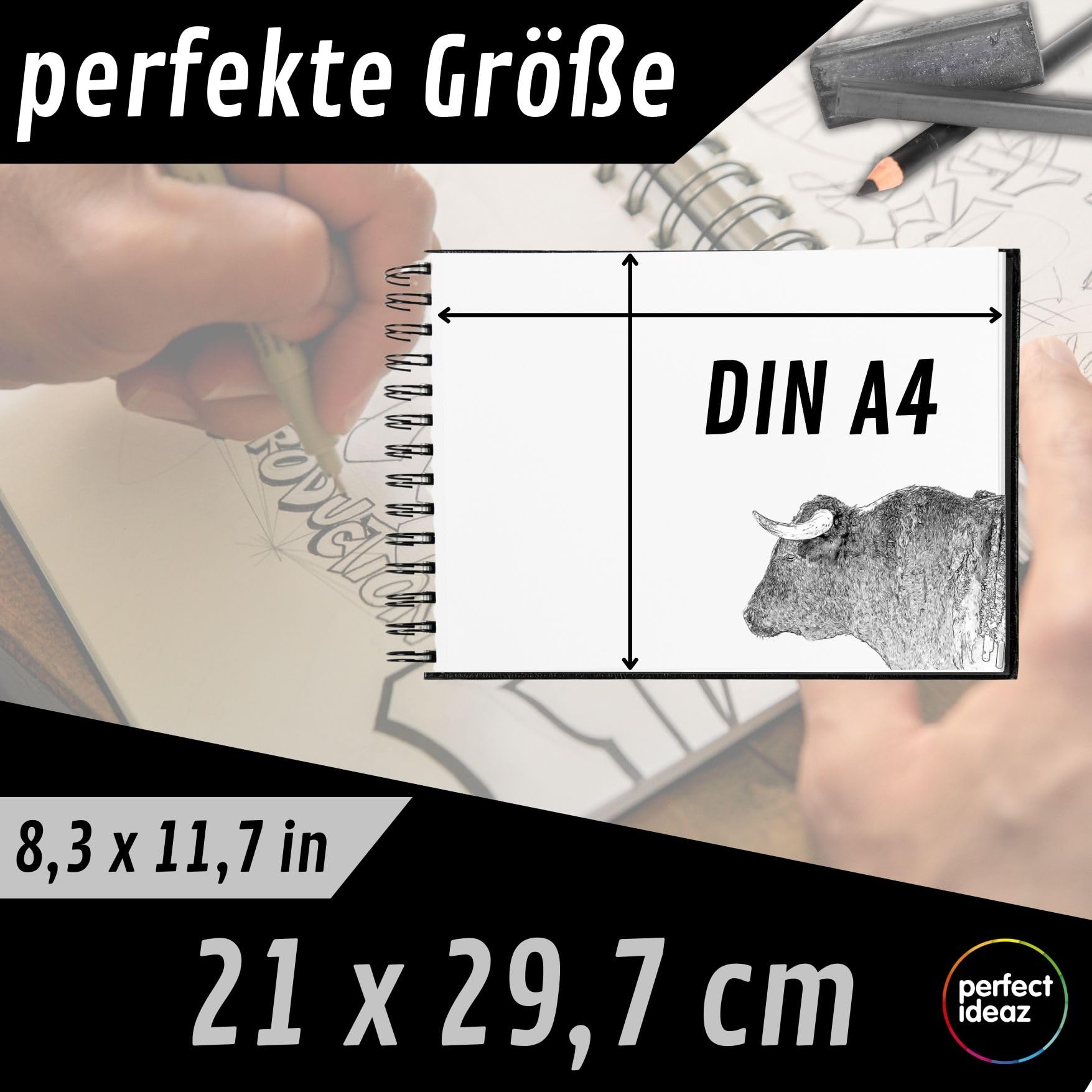 perfect ideaz - Set di 12 album da disegno DIN A4 orizzontale, rilegatura a spirale, certificato FSC, 96 pagine (48 fogli), copertina rigida nera, Sketchbook, carta spessa 200 g/m², senza acidi (12