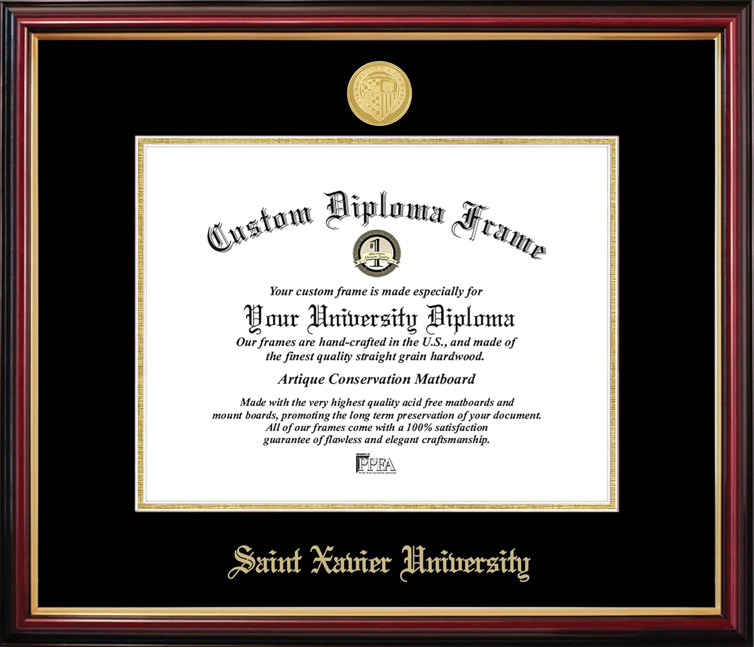 Campus Images St. Xavier University-Orland Park, 8.5 x 11 Petite Mahogany Gold Trim - Medallion, Black & Gold