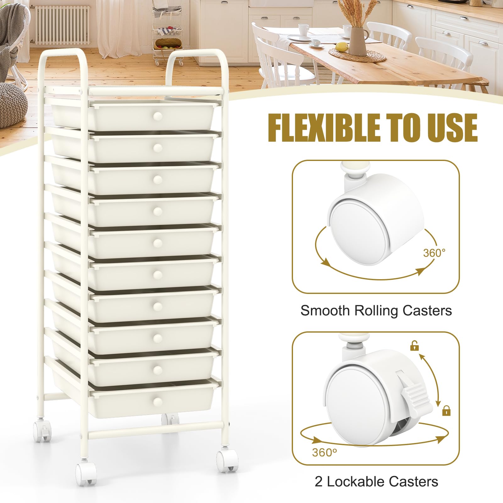 Opbergwagen met 4 planken, met wielen en remmen, compact design, staal, wit (40x19x90 cm