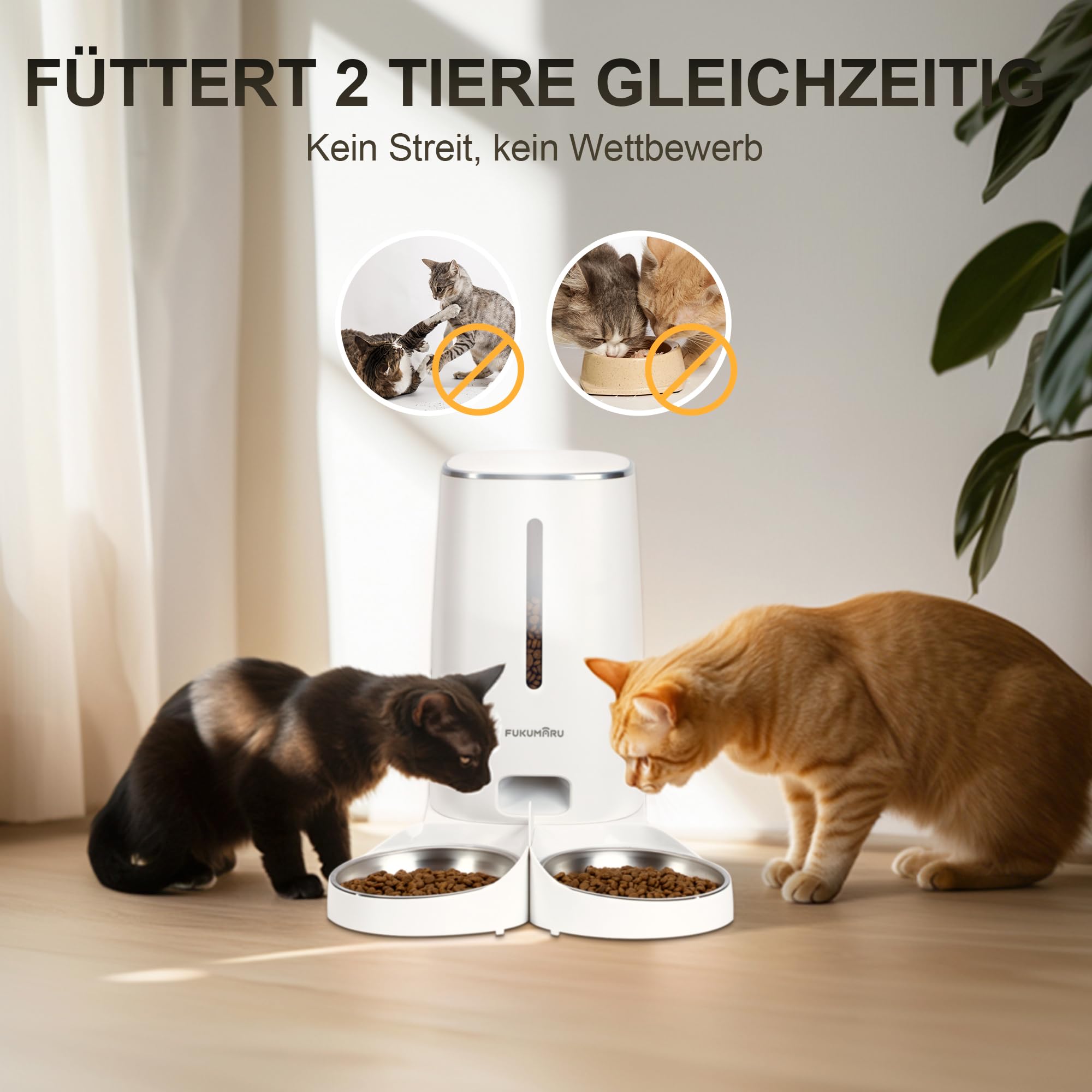 FUKUMARU Futterautomat Katze, 4L Katzenfutter Automat WiFi mit Doppelnäpfen, Automatischer Futterspender Katze/Hunde mit Maßgeschneidert Zeitplan, Akkubetrieben & Kabelgebundene Elektrik, Weiß