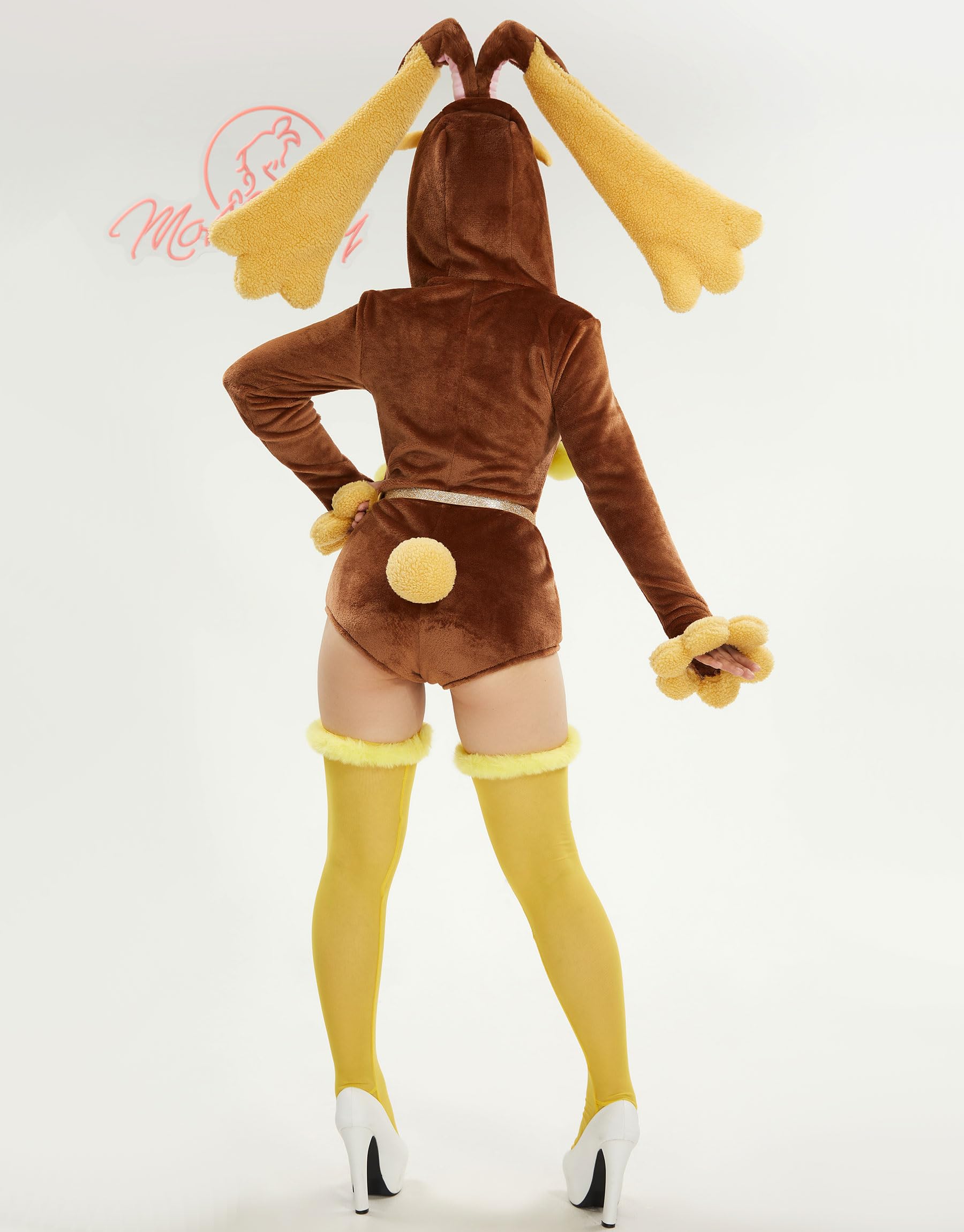 Mobbunny Women's Anime Romper Brown Onesie Pajamas Fuzzy Romper Fluffy Hooded Homewear Plush Bodysuit Jumpsuit Halloween: Brown Small