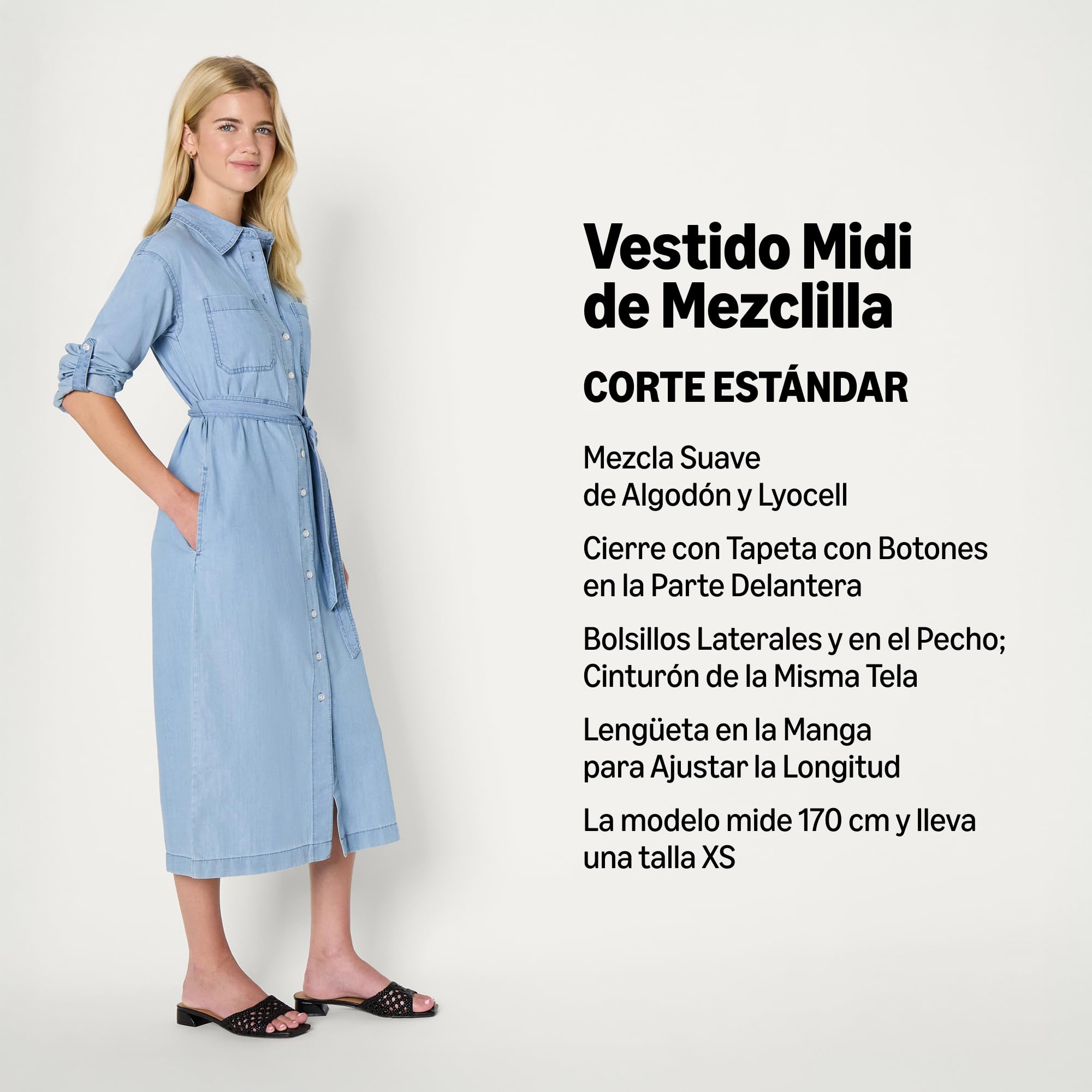 Amazon Essentials Vestido de Manga Larga de Cambray Vaquero de Corte Recto Mujer