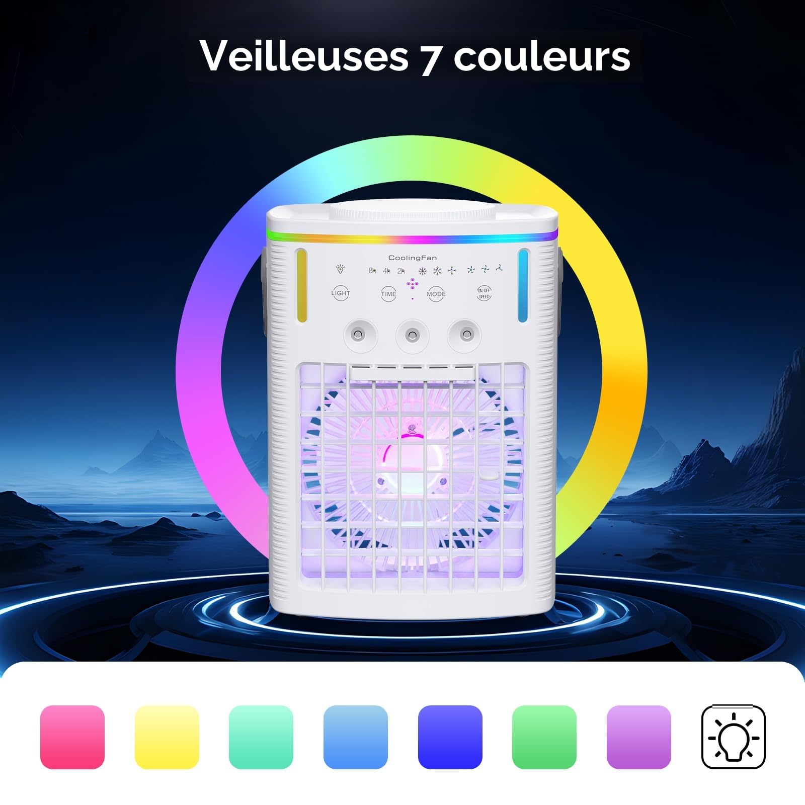 Mini climatiseur portable : eau 1600 ml, 3 vitesses ventilateur, refroidissement par évaporation, LED 7 couleurs, minuterie 2/4/8H - Idéal