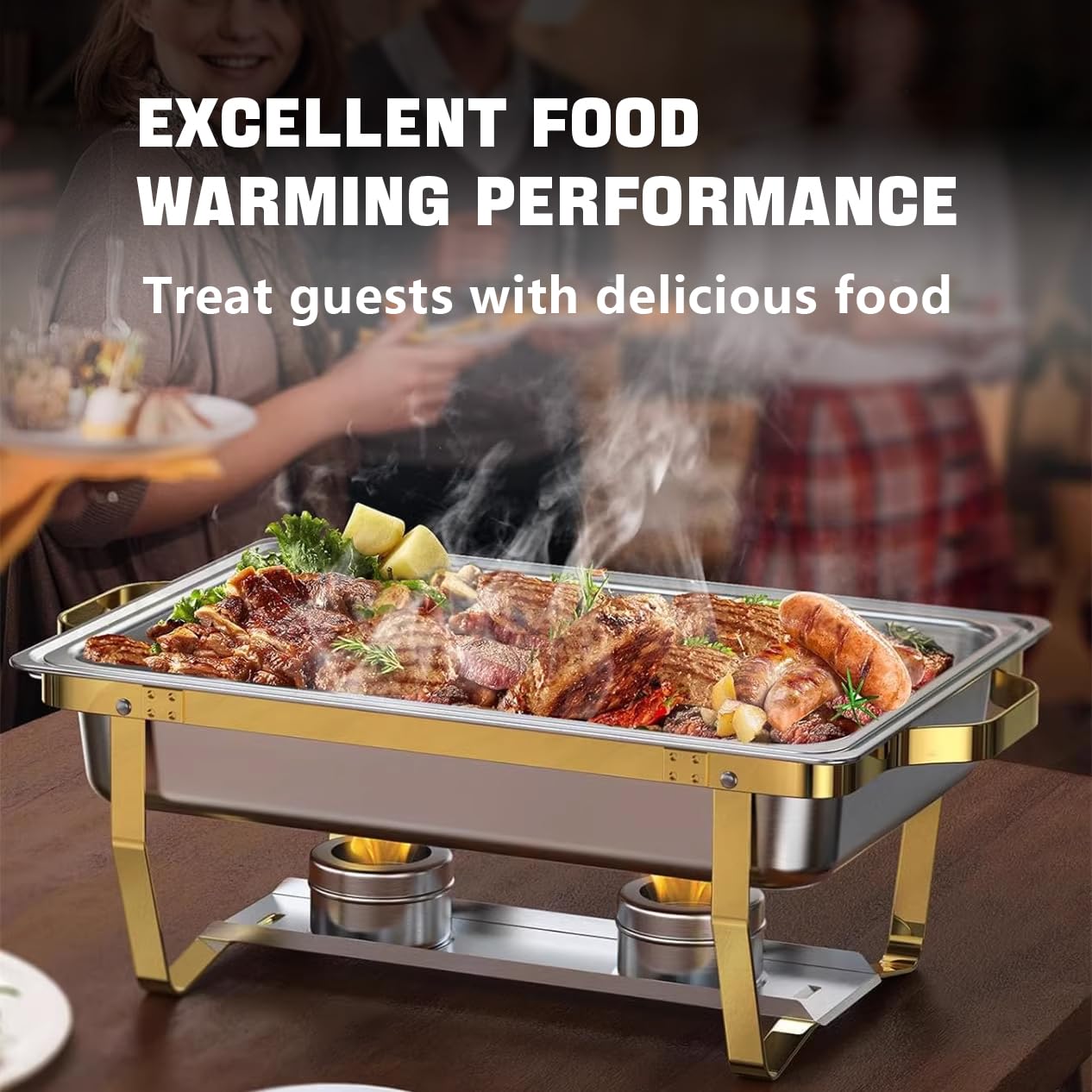 Chafing Dish Buffet, Kit Scaldavivande Rettangolare in Acciaio Inox con Coperchi, Teglie per Cibo, Bagnomaria e Porta Combustibile, Utensili da Portata per Buffet da 8L