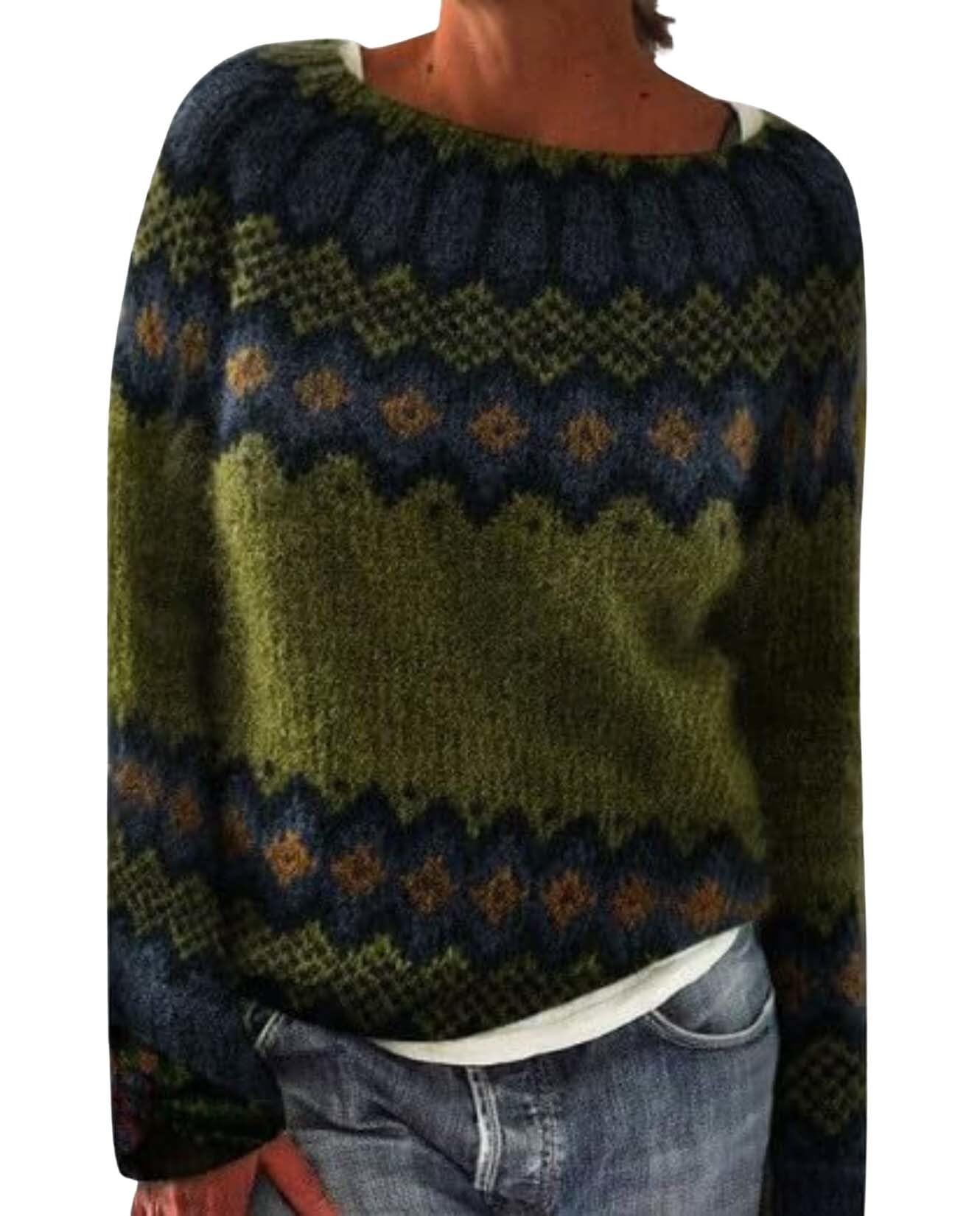 Fair Isle Print Sweaters for Women Vintage Casual Long Sleeve Crew Neck Loose Fit Pullover Tops Trendy Oversized