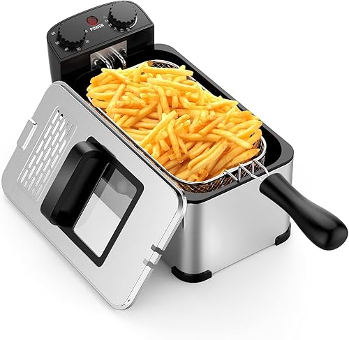 KOTEK Freidora con canasta, freidora eléctrica de acero inoxidable de 3.2 cuartos de galón / 12 tazas con control de temperatura, temporizador de 60