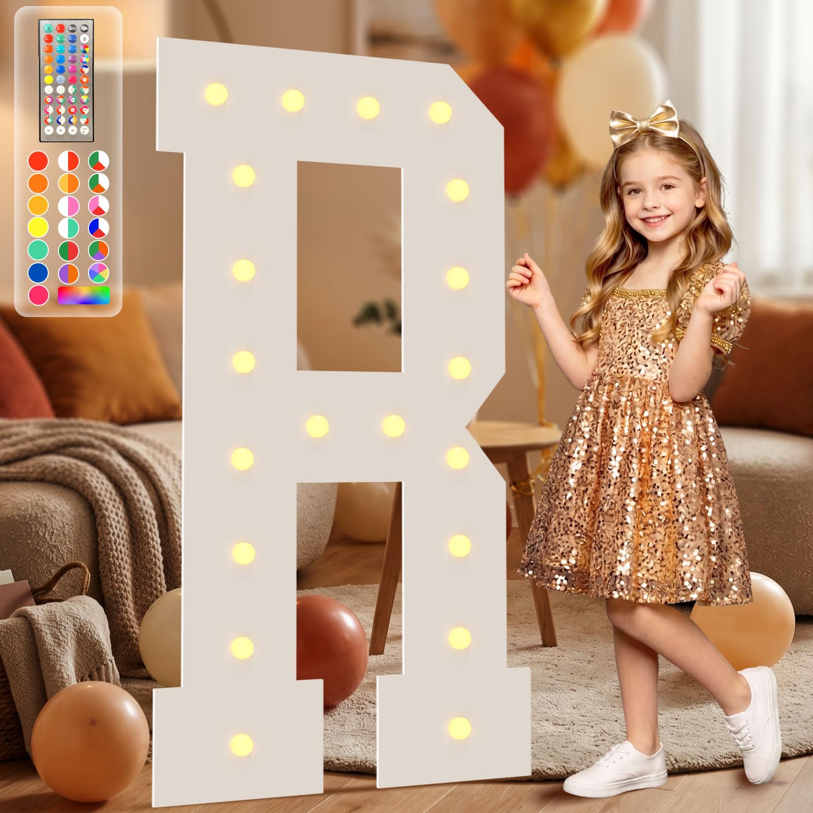 4FT Marquee Light Up Letters, 34 Colors Changing Marquee Letters R with Remote,Weighted Water Bag, Pre-Cut Foam Board Set Can Be Used for Birthday Party Grad Prom Party Decoration Wedding Event Baby