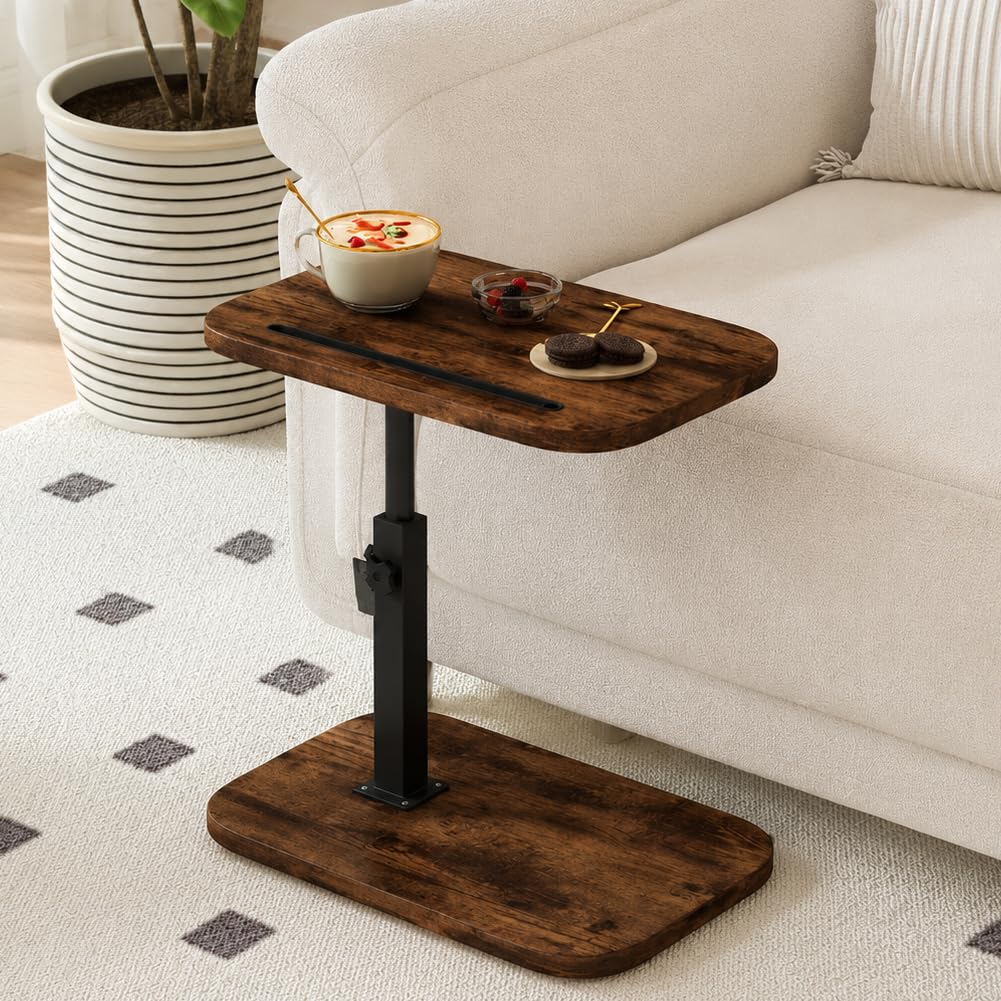 Ccarzzi C-Shape Side Table, 360° Swivel Sofa Table Height Adjustable End Table with Phone and Tablet Slot, for Living Room Bedroom Bedside Couch 30 x 40 x 46-81cm(Rustic Brown)