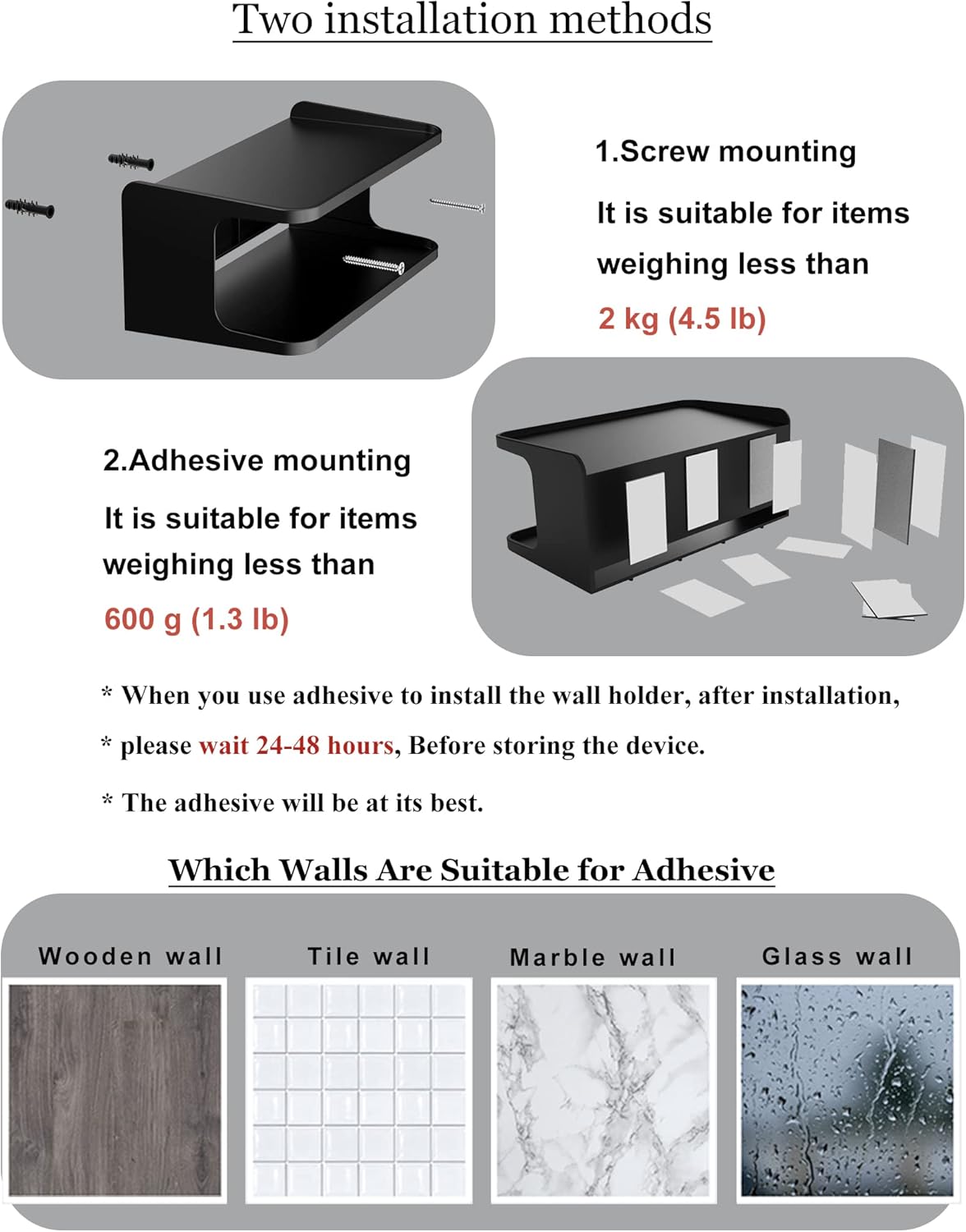 Bedside Wall Shelf Organizer Small Bedside Shelf Wall Mount for Bed Universal Stick on Wall Shelf Double Tray Holder for Storing Cellphone, Glasses, Keys, Camera, Alarm Clock (Black) - Image 6