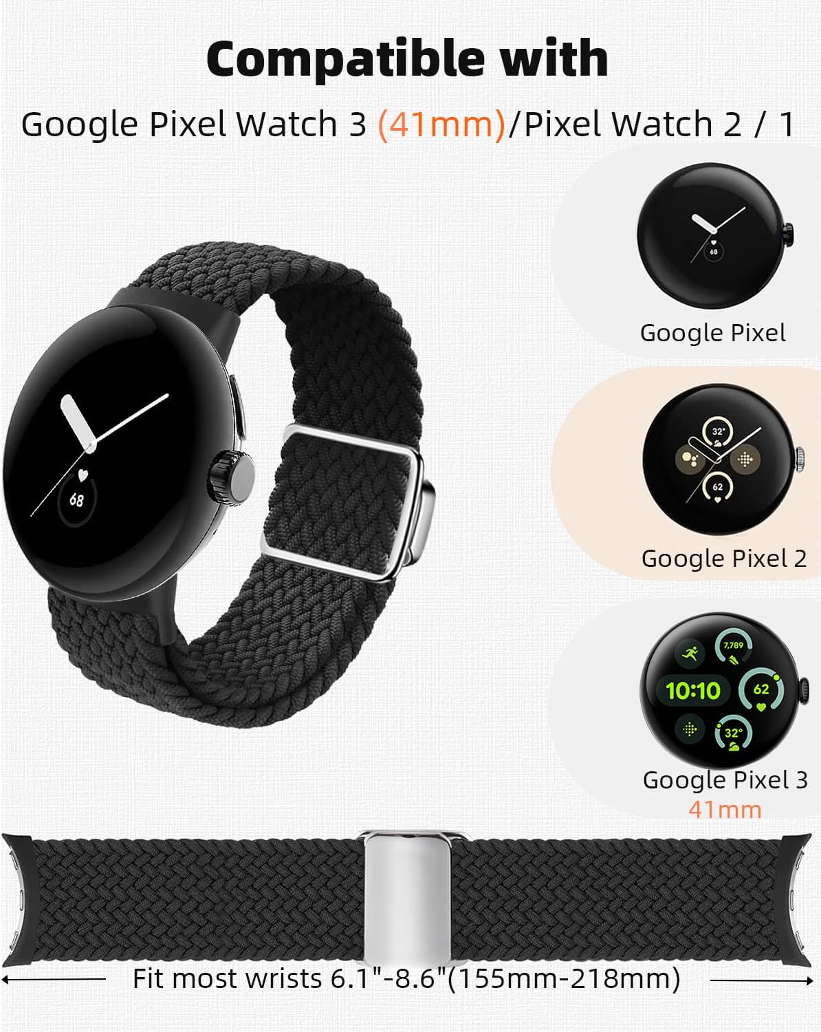 BlackPro Braided Bands Compatible with Google Pixel Watch 3 (41mm)/ Pixel Watch 2 1 Band, Adjustable Stretchy Nylon Watch Band with Snap-On Clasp for Men Women (Black Rainbow)