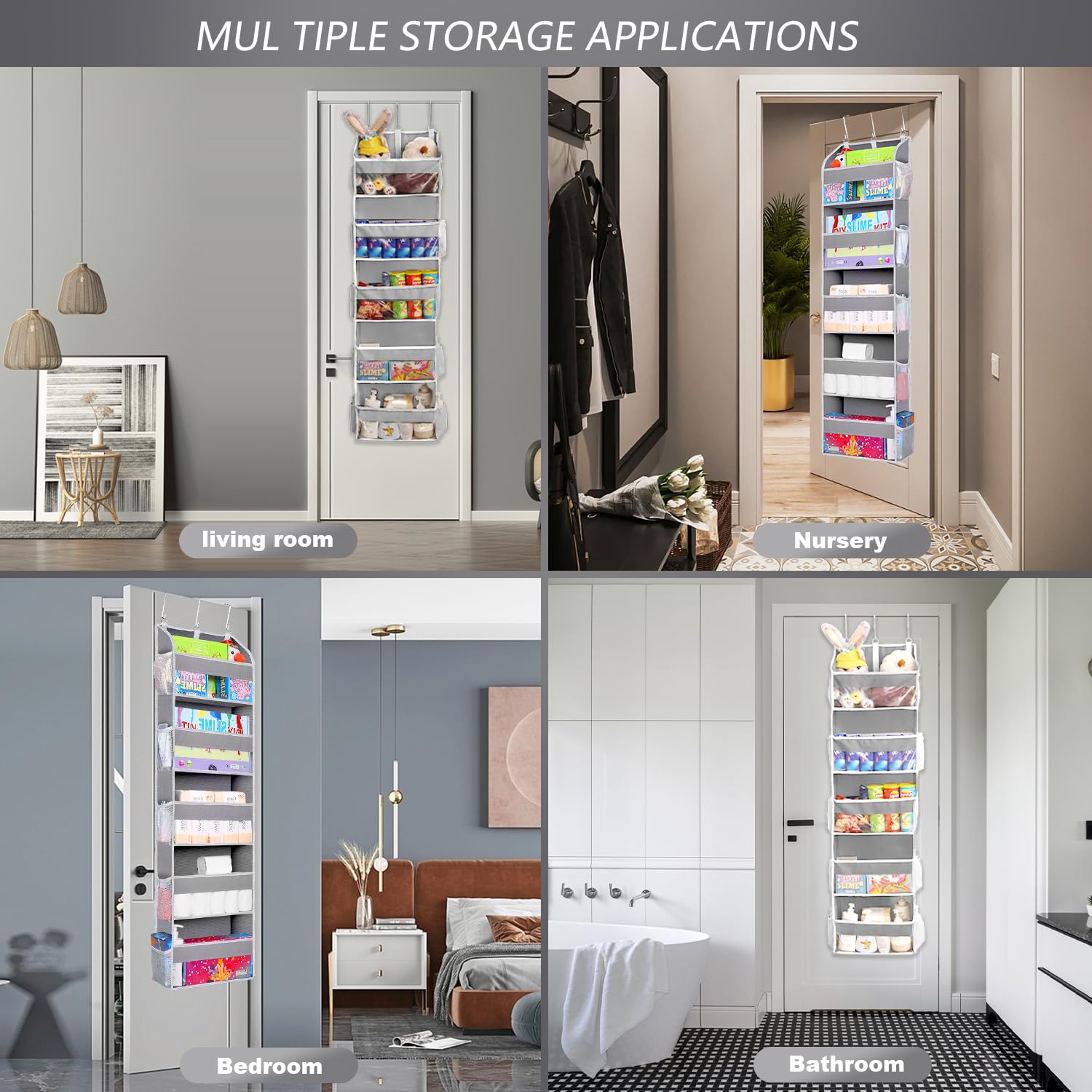 Organizer Da Porta A 5 Ripiani ZONJIE - Scaffale Appendibile Con Tasche In Rete E Ganci Metallici - Grigio 140x39x17 Cm Per Camera, Bagno, Cucina E Cameretta - 3