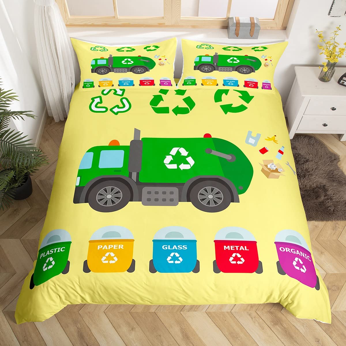 Kids Green Garbage Truck Comforter Cover Double Size Recycling Trash Truck Bedding Set For Toddler Boys Girls Teens Waste Separation Themed Duvet Cover Cartoon Car Bedspread Cover Microfibre Soft