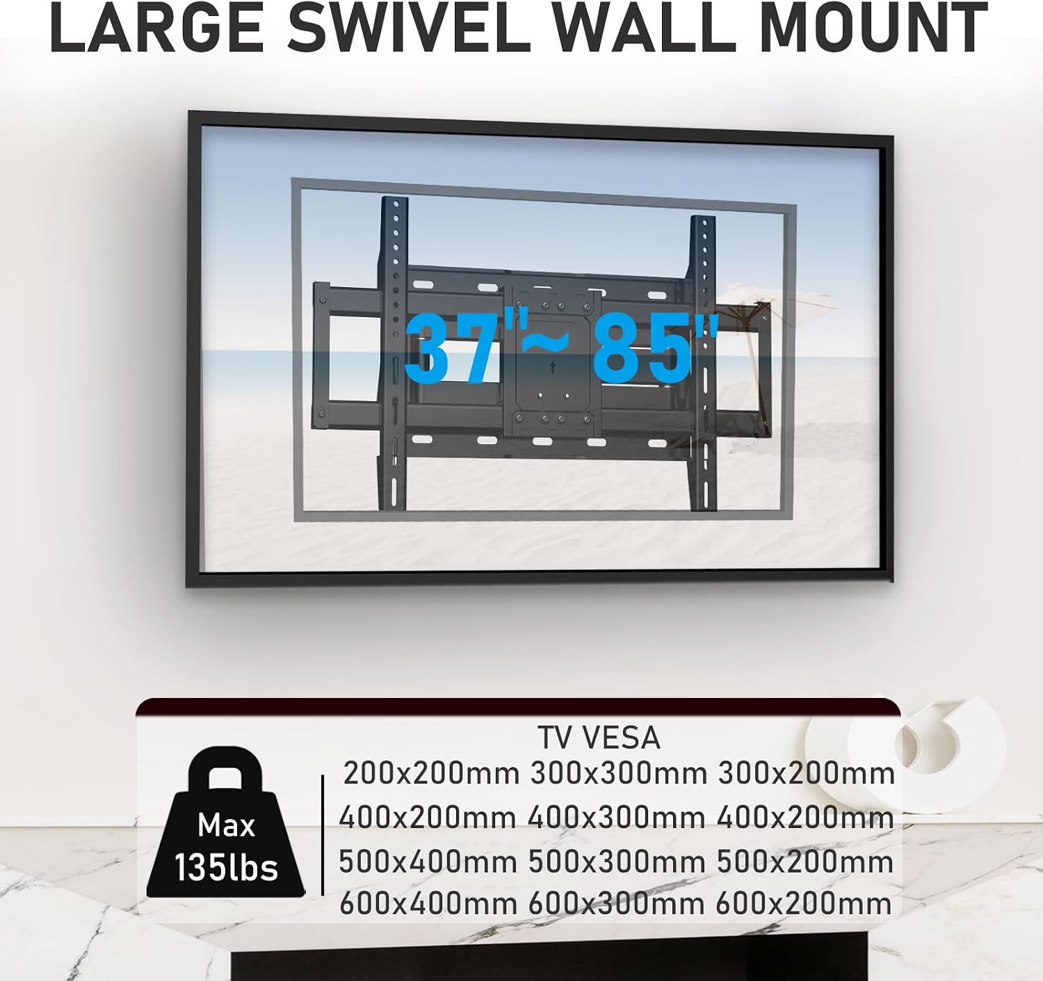 Full Motion TV Wall Mount - 37-85'' Flat/Curved TVs, Swivel Articulating Arms, Max VESA 600x400mm, Tilt Rotation, Holds up to 135 lbs