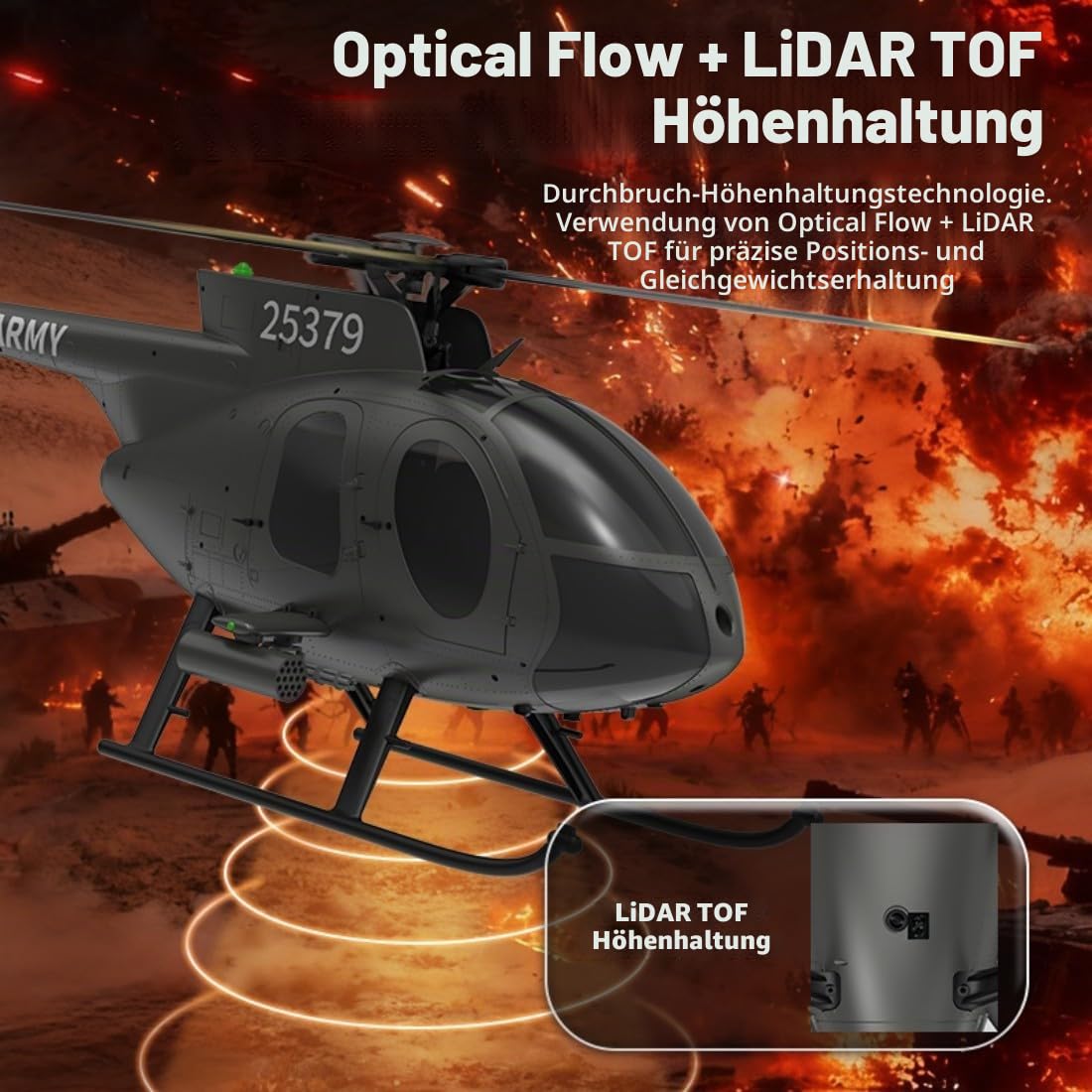 YU Xiang F119S MD500 RC Hubschrauber, 1/16 Intelligenter Helikopter mit GPS-Positionierung & Optical Flow, 6G/3D Kunstflug 9CH RTF Militär Heli Modell für Fortgeschrittene