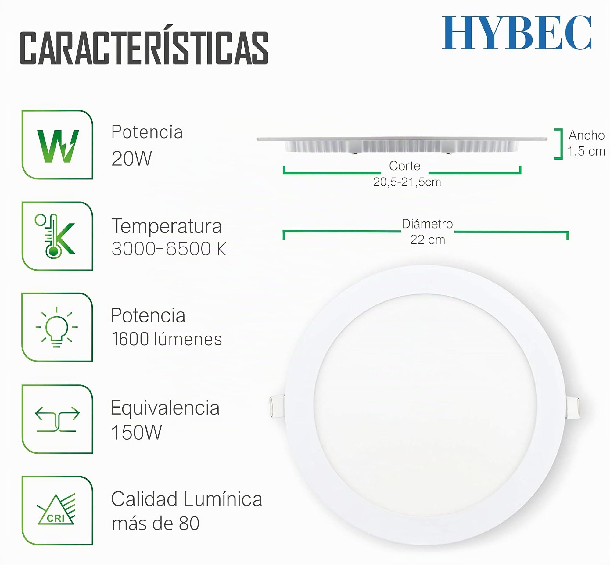 Downlight LED Techo Empotrable 22cm, 20W 4000K (Pack 20)