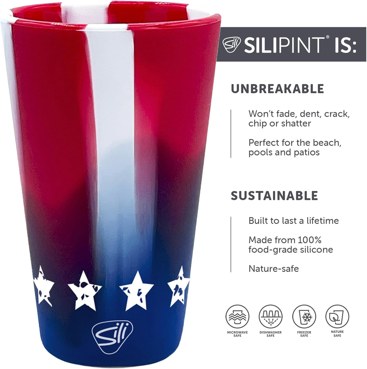 Silipint: Pint Glasses 16oz: 2 Pack - Stars & Stripes - Silicone Unbreakable Cups, Hot & Cold Drinks, Dishwasher-Microwave-Freezer-Oven Safe, USA Made