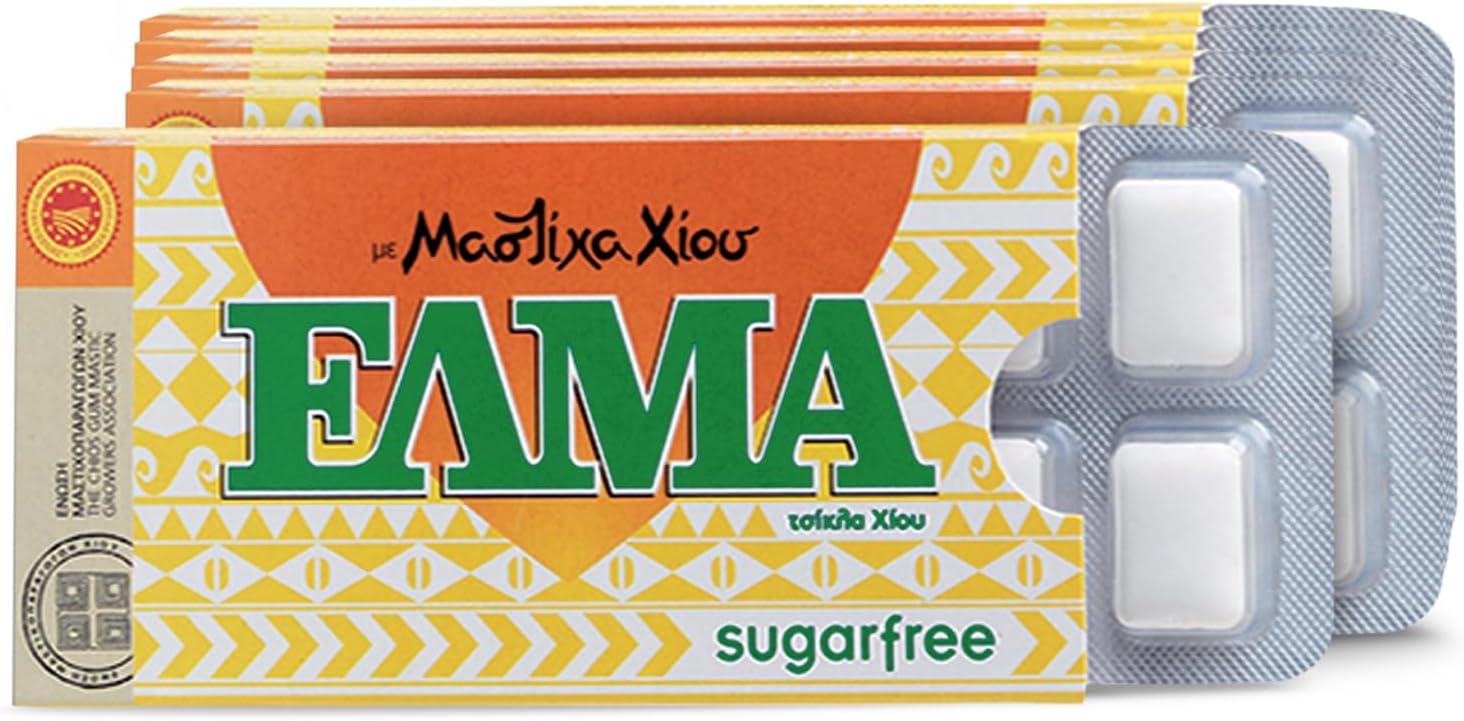 Mastic Gum Chewing Gum ELMA - Chios Greek Gum - Natural Oral Hygiene - Sugar Free - Menthol Taste with Xylitol | GMO & Gluten Free - 5x10 Gums