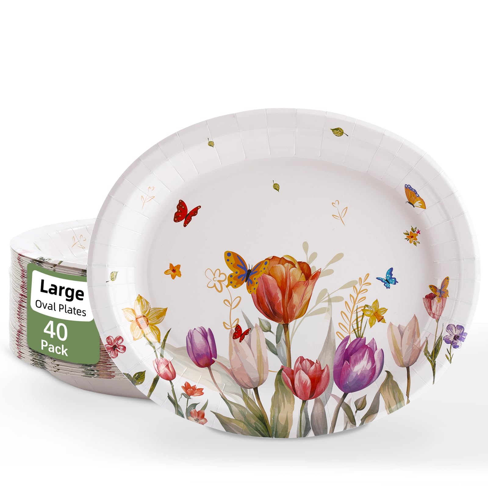 VEIZEDD 40Pcs Spring Floral Oval Paper Plates 10" x 12" Large Easter Disposable Plates Heavy Duty Party Platter for Easter Party Baby Shower Wedding