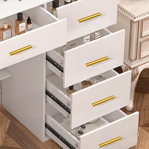 Miniatura 8 de JBLCC Escritorio de tocador con espejo y luces, tocador de maquillaje blanco con luces, 5 cajones y estantes abiertos, espejo iluminado de 3