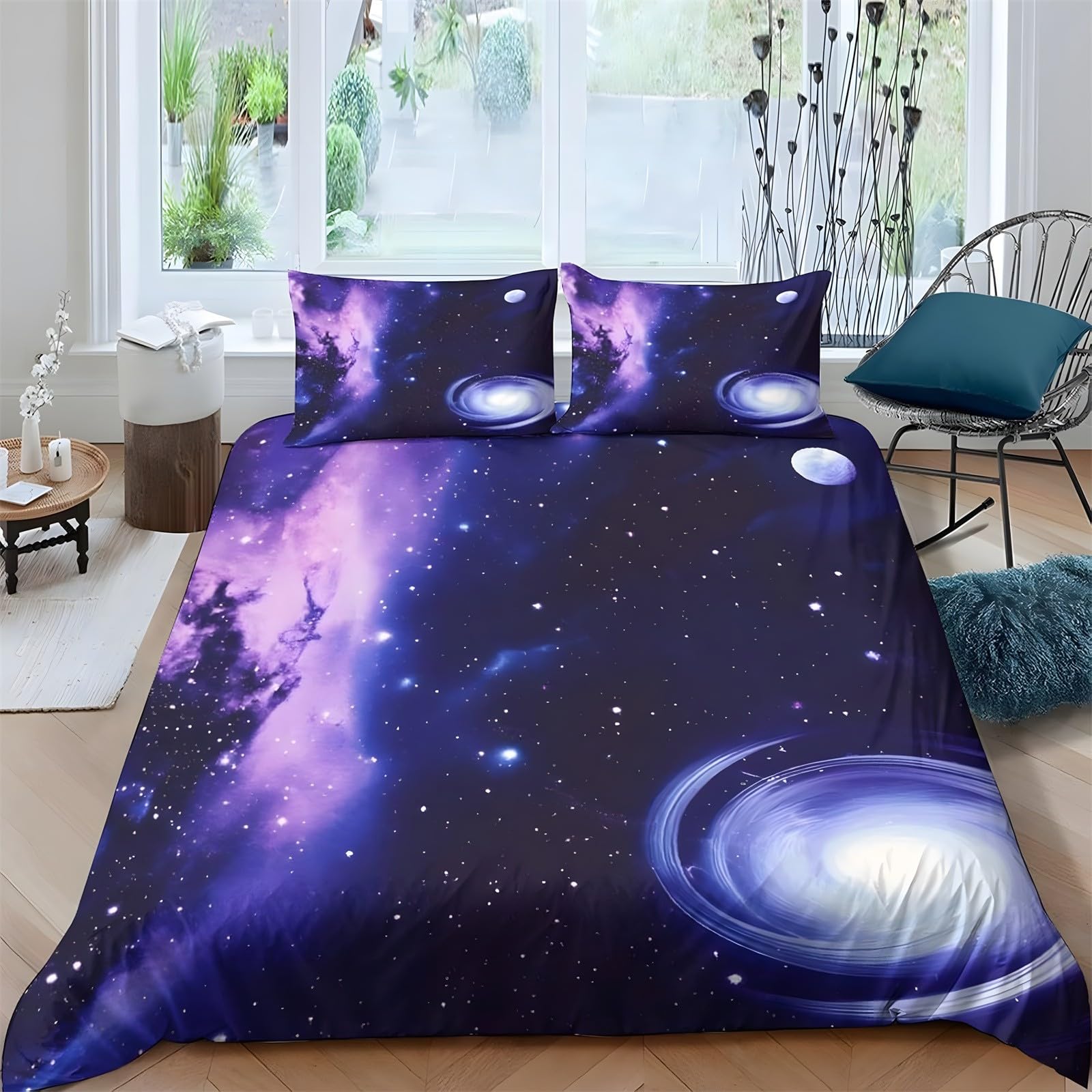 Ypthriline Purple Double Bedding Set Nebula Bedding Set Microfiber Duvet Covers With Pillowcases Reversible Bedding With Zipper Closure 200X200cm