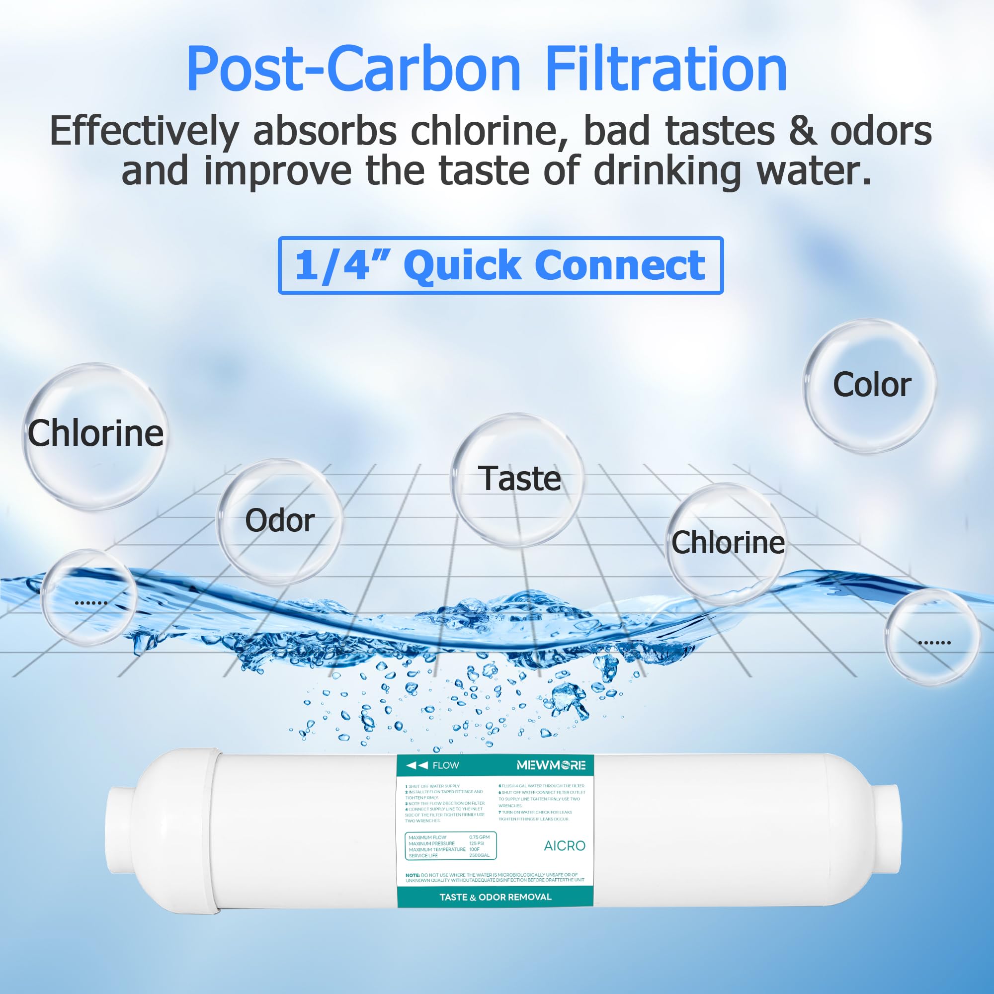 5-stopniowy zestaw filtrów do odwróconej osmozy 75G GPD na 1 rok, zestaw filtrów wody RO pod zlewem kompatybilny z większością systemów filtracji wody 25.4 cm, wyjście 1/10.2 cm.