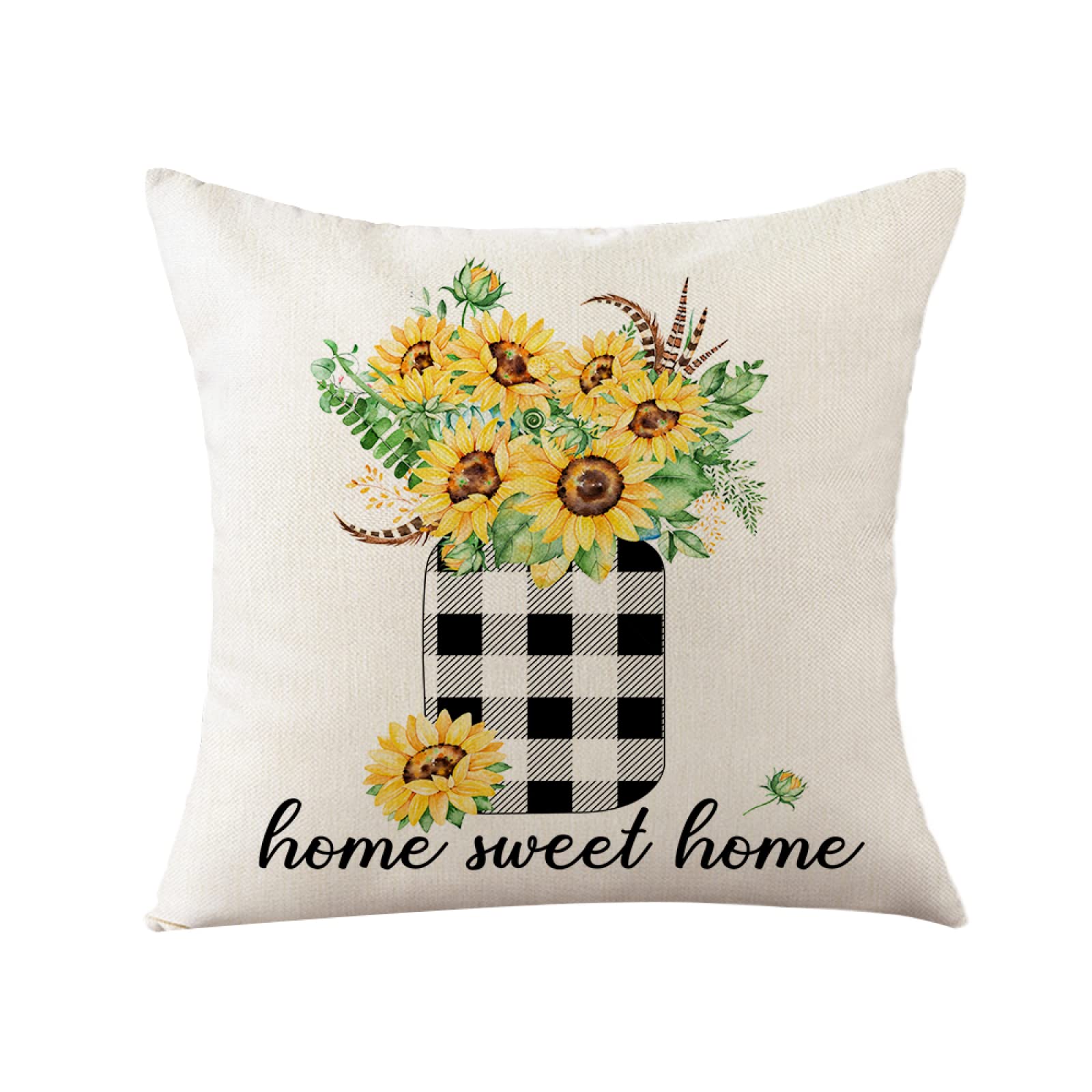 Sofa Fundas Cojines 55x55 Pack de 4 Cuadrado,Funda de Almohada Lino con Cremallera Invisible,Funda de Cojín Decoración para Hogar Sala Cama Jardín Silla Coche-Girasol a Cuadros