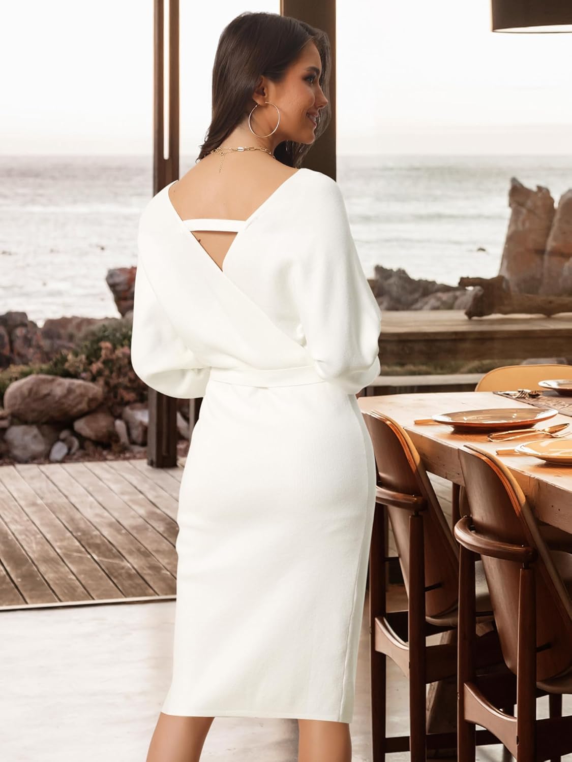 Seta T Women's V Neck Sweater Dress Batwing Sleeve Wrap Backless Knit Fall Midi Dress with Belted - Image 5