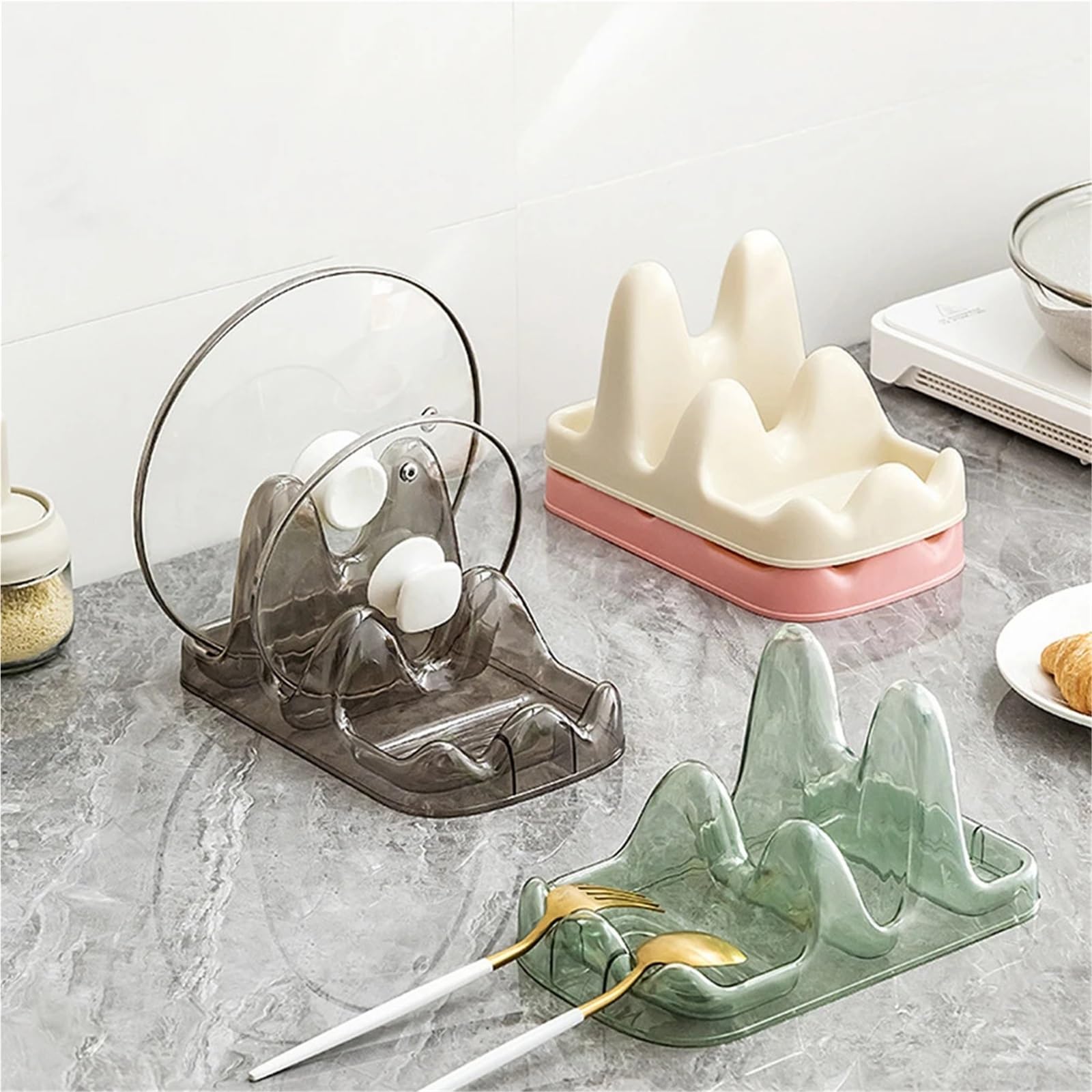 2 stücke Löffel Topf Deckel Halter Mit Wasser Tablett Mehrzweck Utensil Besteck Organizer Große Kapazität Geschirr Lagerung Regal for küche für Kochlöffel, Schöpfkellen(Pink)