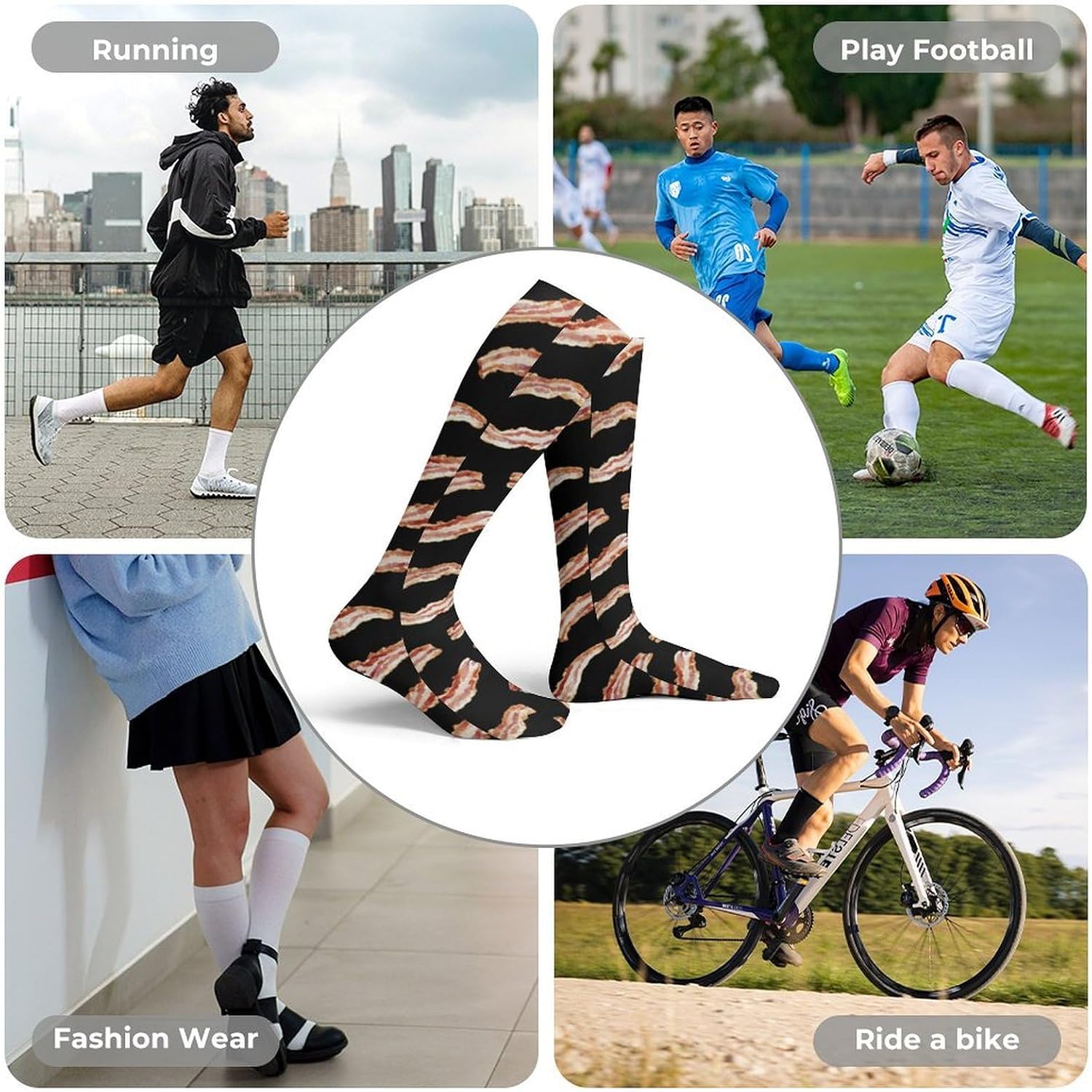 Bacon Printing Women Knee High Socks Novelty Thin Thigh Long Stockings Tube Sock Dress Casual