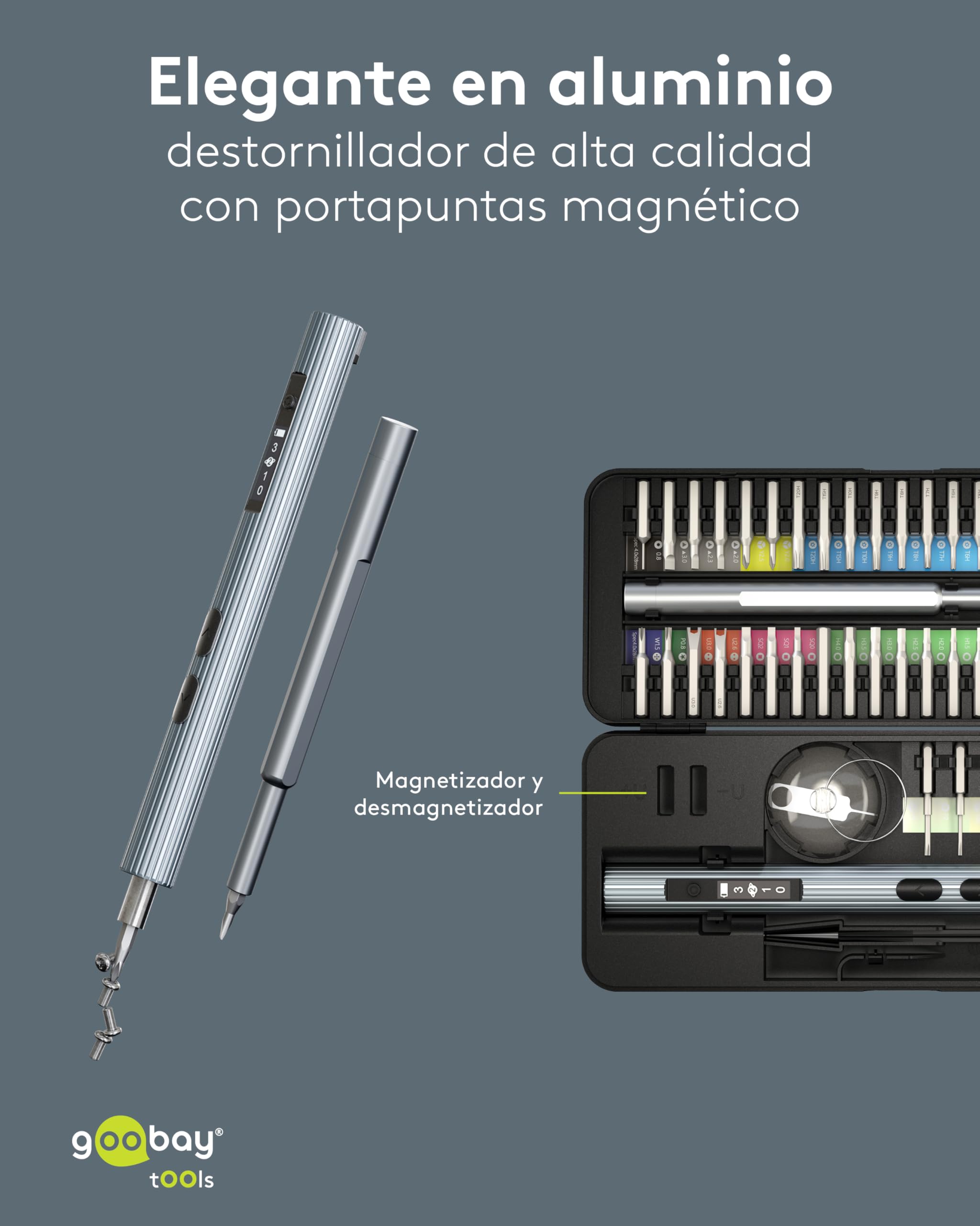 goobay Destornillador eléctrico a batería 58 en 1 con 50 puntas de precisión, funda de aluminio magnética, 4 luces LED de trabajo, carga USB-C, ideal para electrónica, mecánica precisión y bricolaje