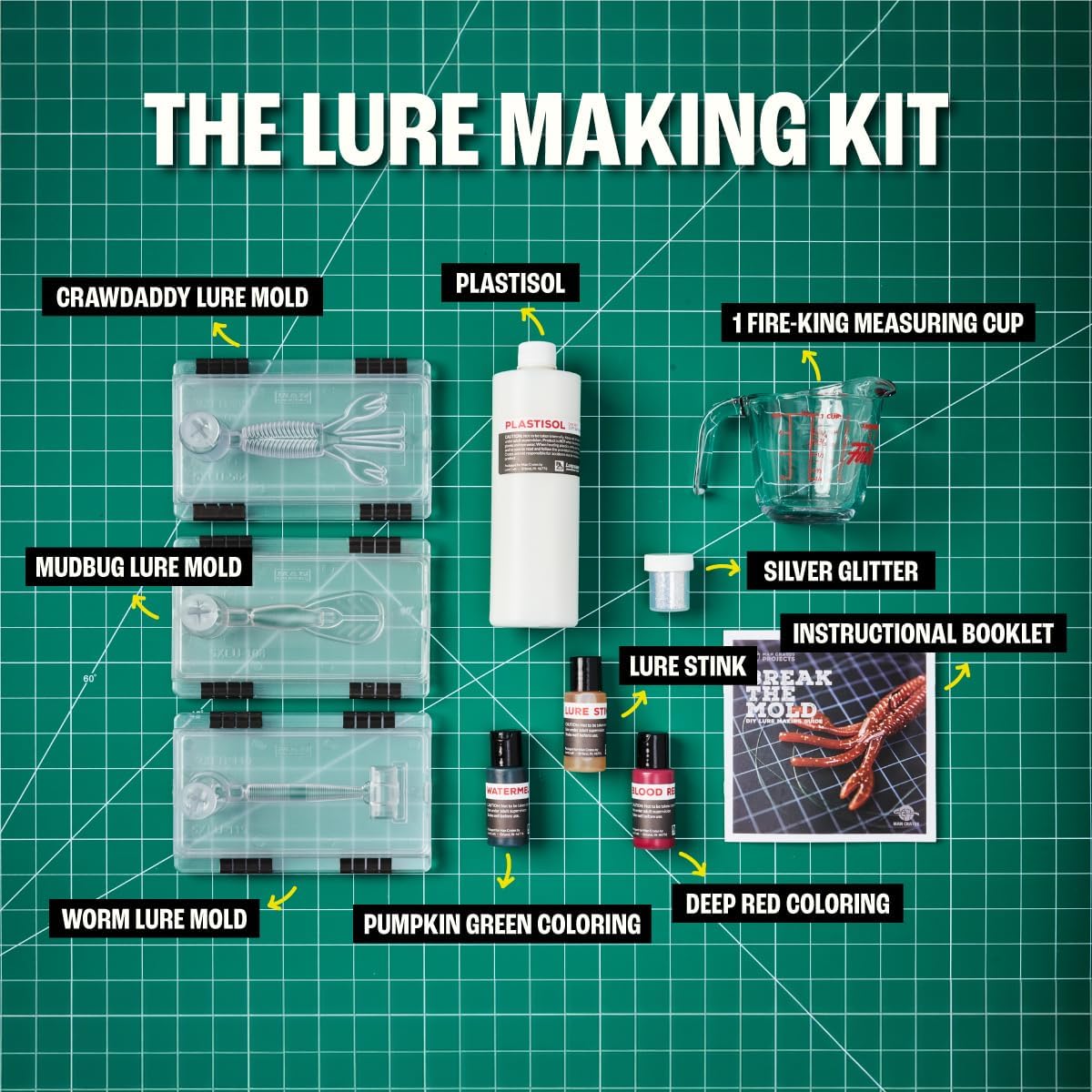 Man Crates, Lure Making Kit – Soft Plastic Fishing Lure Making Kit with Molds, Plastisol, Color, Glitter & Scent – DIY Fishing Lure Set – Great Gift for Men & Fishermen
