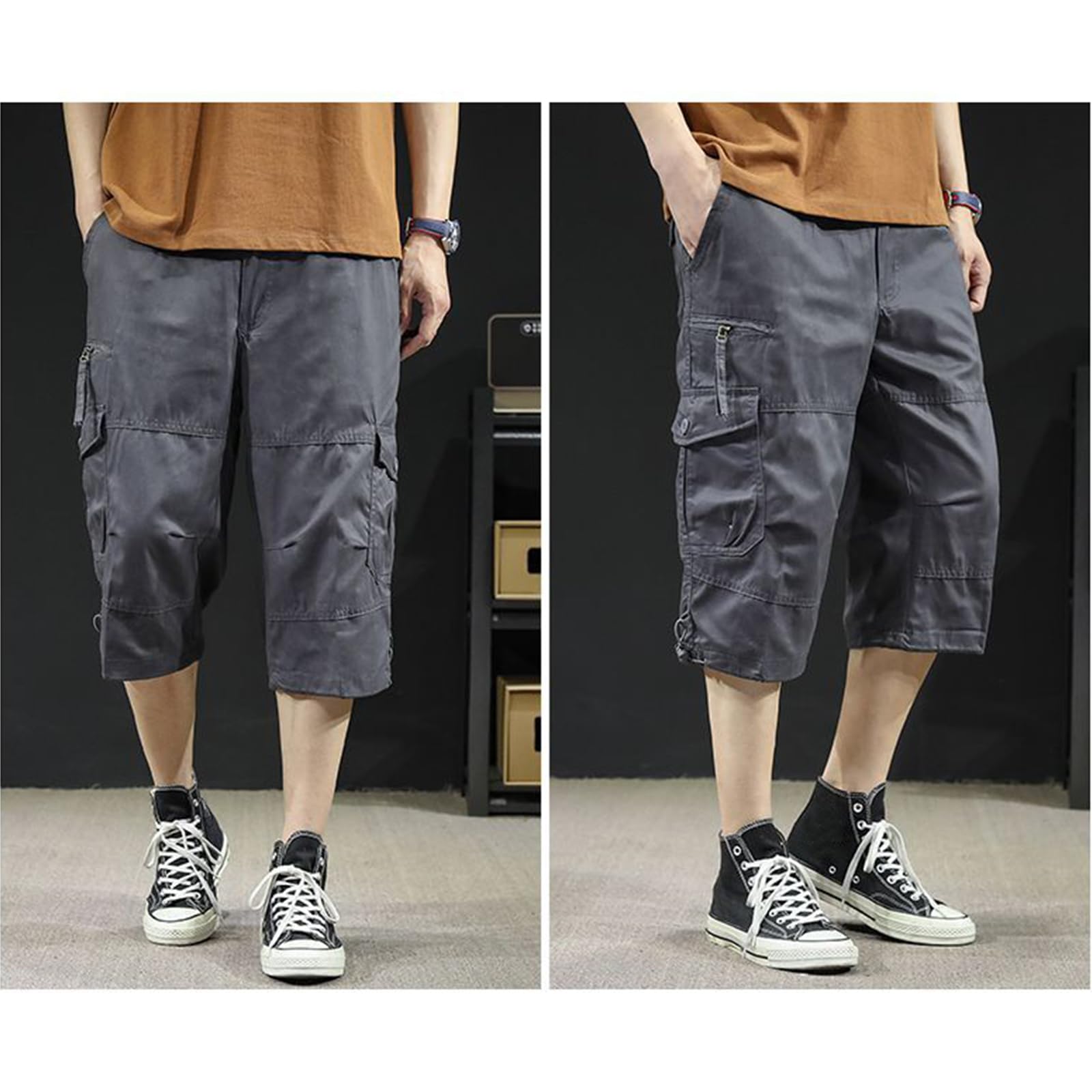 Shorts Cargo Homme Été 3/4 Pantalon Hommes en Coton Léger Court avec Multi-Poches Taille Elastique(Pas De Ceinture)