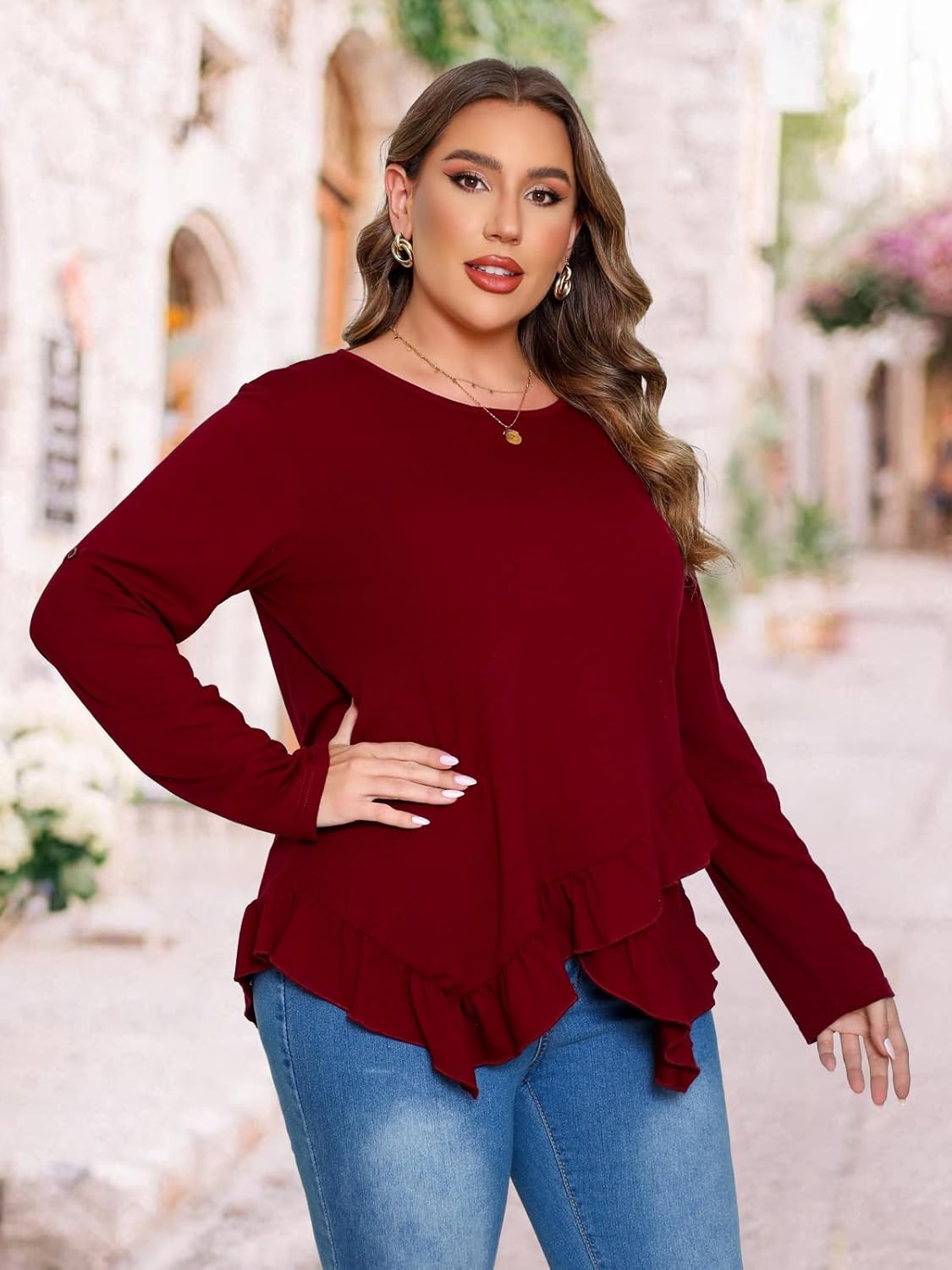 Beauhuty Womens Plus Size Tops Ruffled Hem Tunic Roll Up Sleeves Crew Neck T-Shirts Casual Flowy Dressy Blouses - Image 5