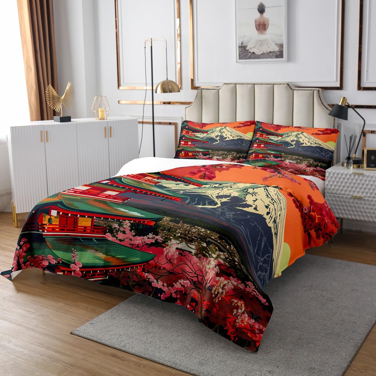 Loussiesd Fuji Berg Tagesdecke 220x240cm Japanische Ukiyoe Steppdecke Japanischer Stil Bettüberwurf Traditionelles Retro Thema Bettdecke Stepp Decke für Schlafzimmer Exotische Oriental