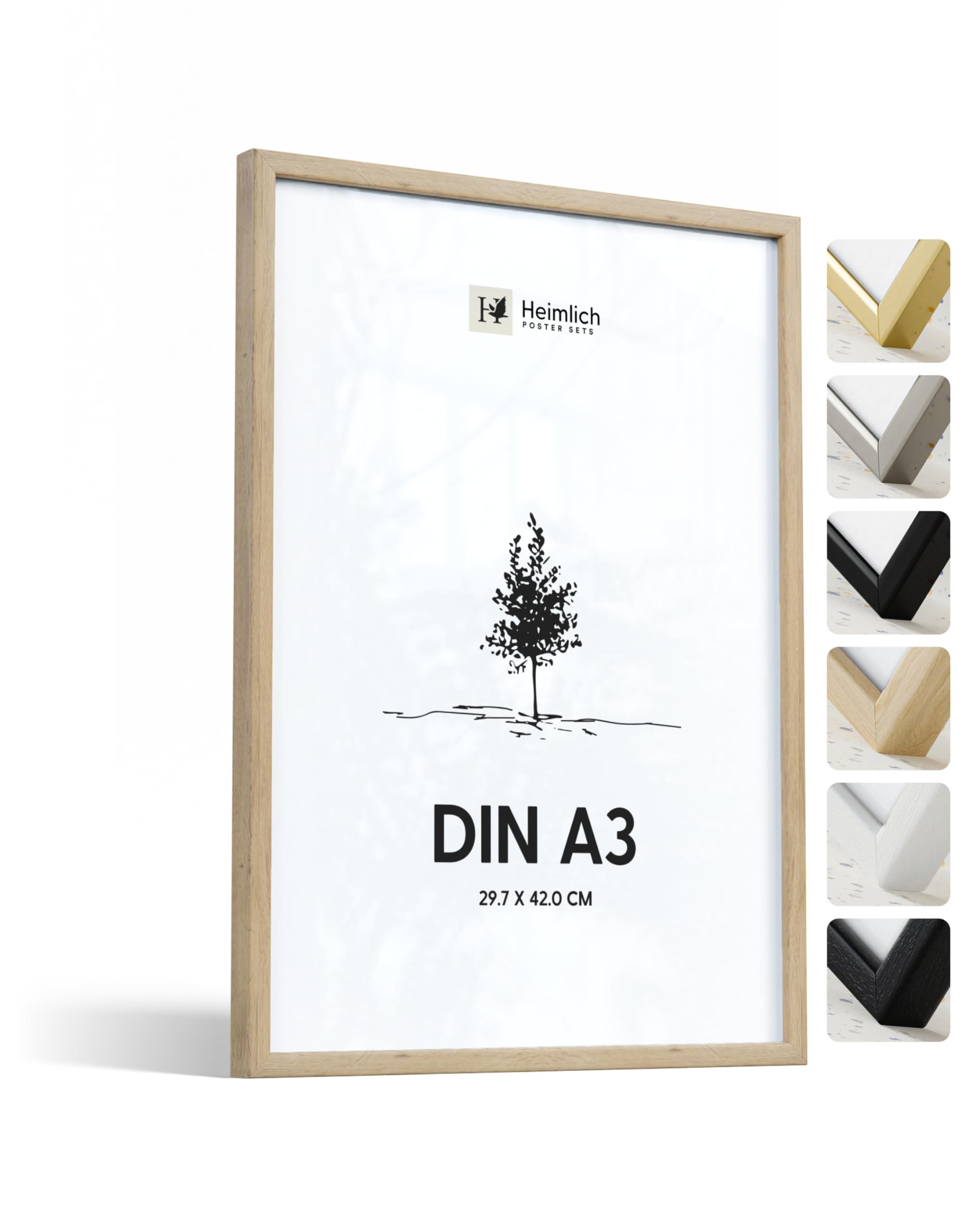 Heimlich® 1 x Marco de fotos A3 Roble de Madera marcos cuadros | Vidrio Acrílico Irrompible Grano Visible Duradero Fácil de Colgar | Para Decoración de Pared y Decoración Hogar marco A3