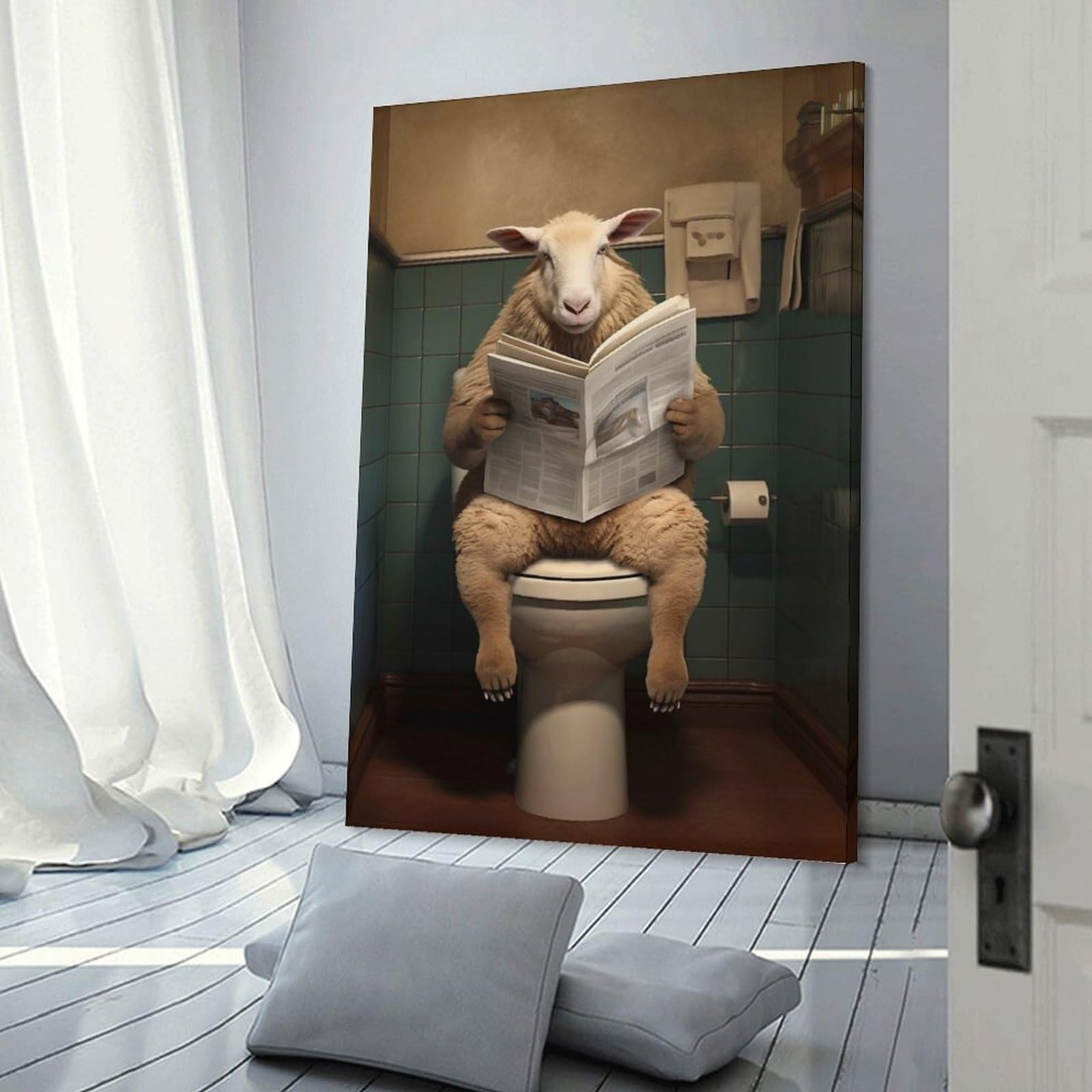 Junmoney Decorative Wall Artwork Sheep on Toilet Newspaper, 24x36inch(60x90cm), for Lounge, Bedroom Or Personal Spaces, Gift Idea for Housewarming And Birthdays