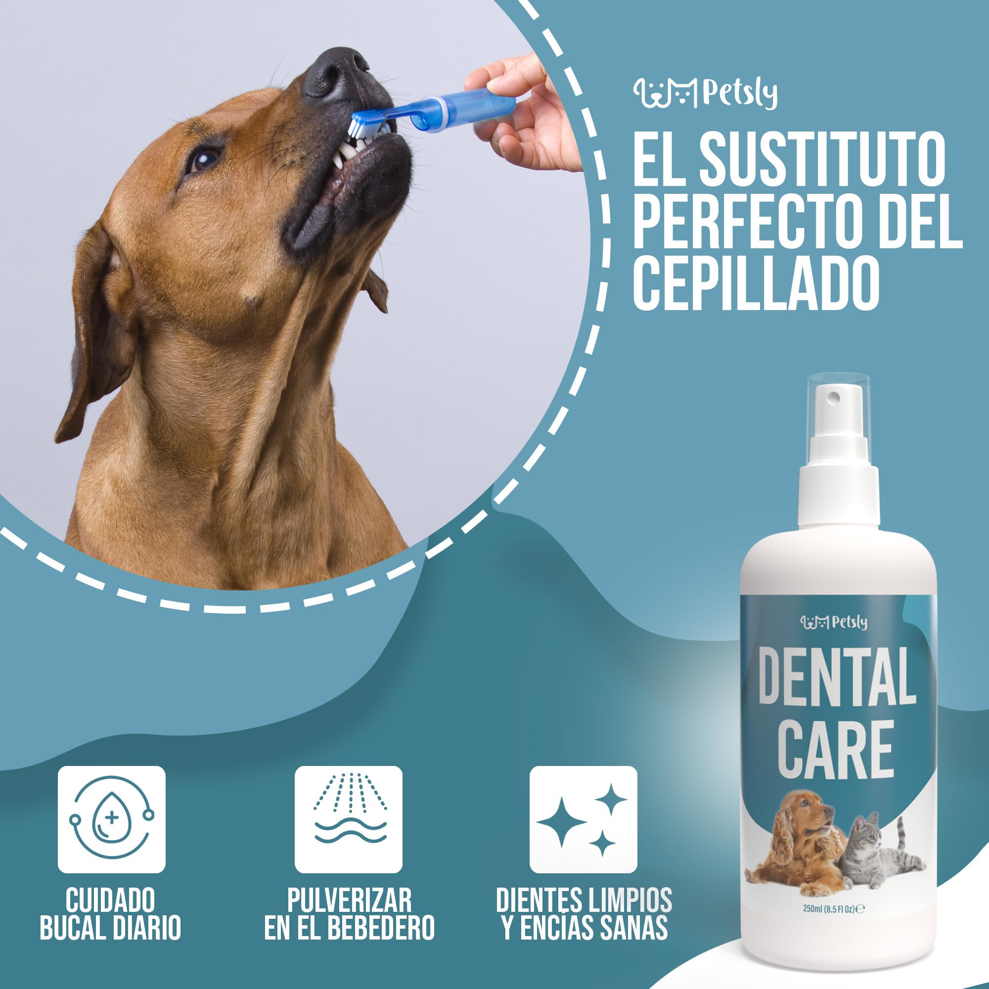 Petsly® Spray Dental Perros y Gatos - 250ml - Elimina el Mal Aliento, Reduce Sarro y Placa - Higiene Bucal sin Cepillado ni Enjuague - Ingredientes Naturales, Seguro si se Ingiere - Calidad Alemana