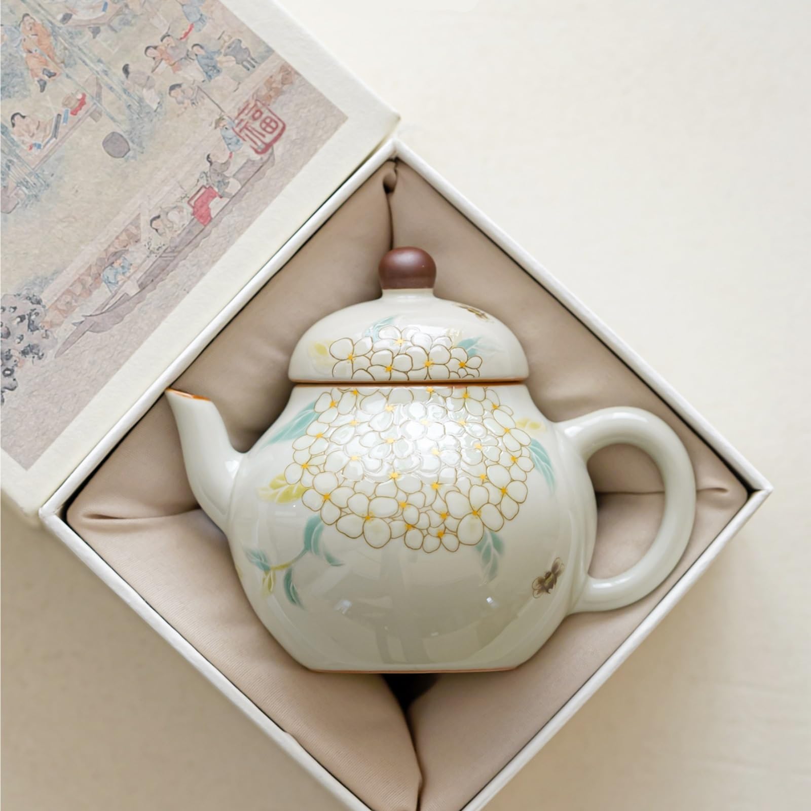 Tetera Tradicional,China Tetera De Cerámica Estilo Chino con Diseño Hortensias Y Asa Amante